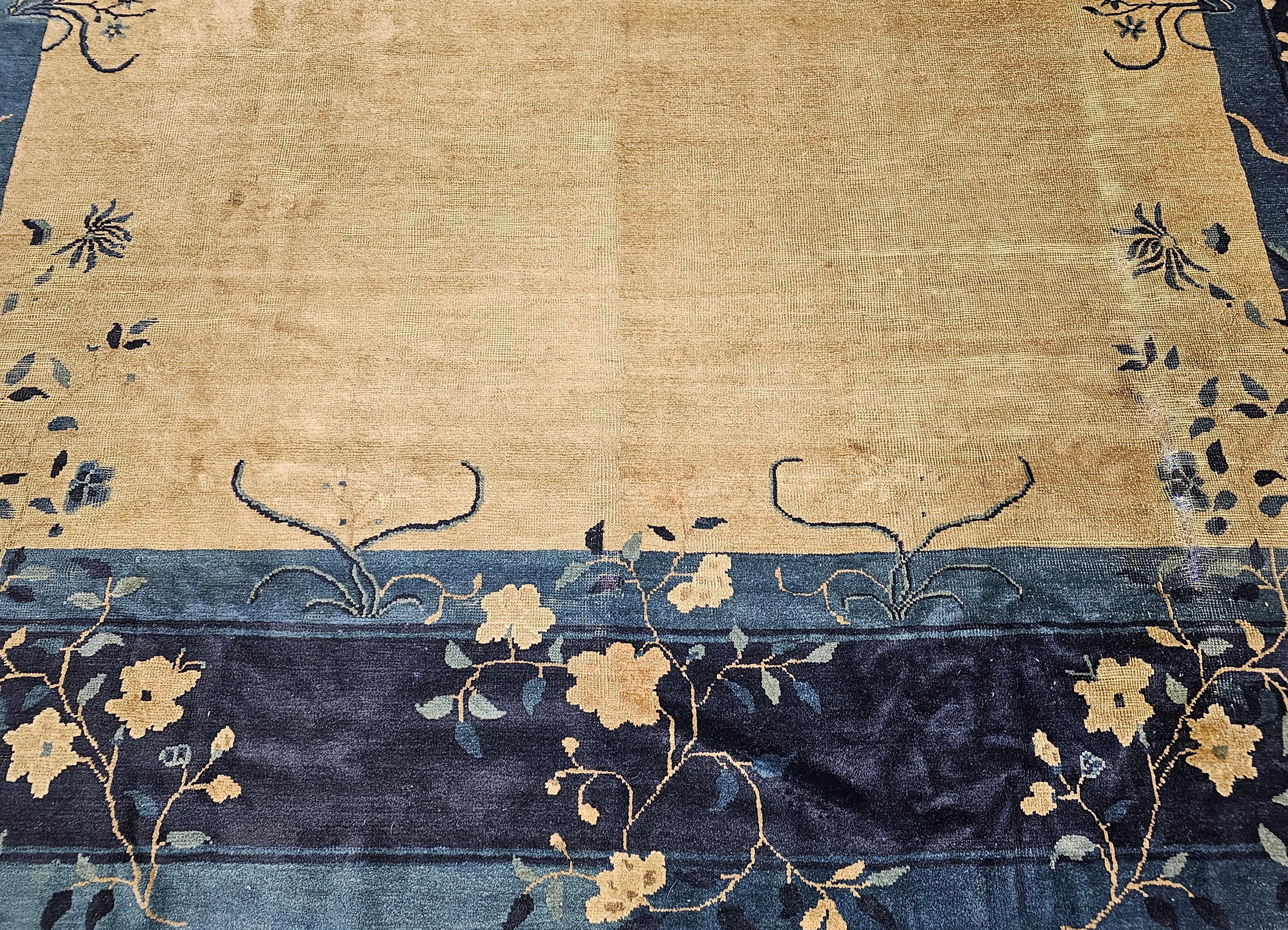 Vintage Chinese Peking Room Size Rug in Straw, Gray, Navy, French Blue For Sale 1
