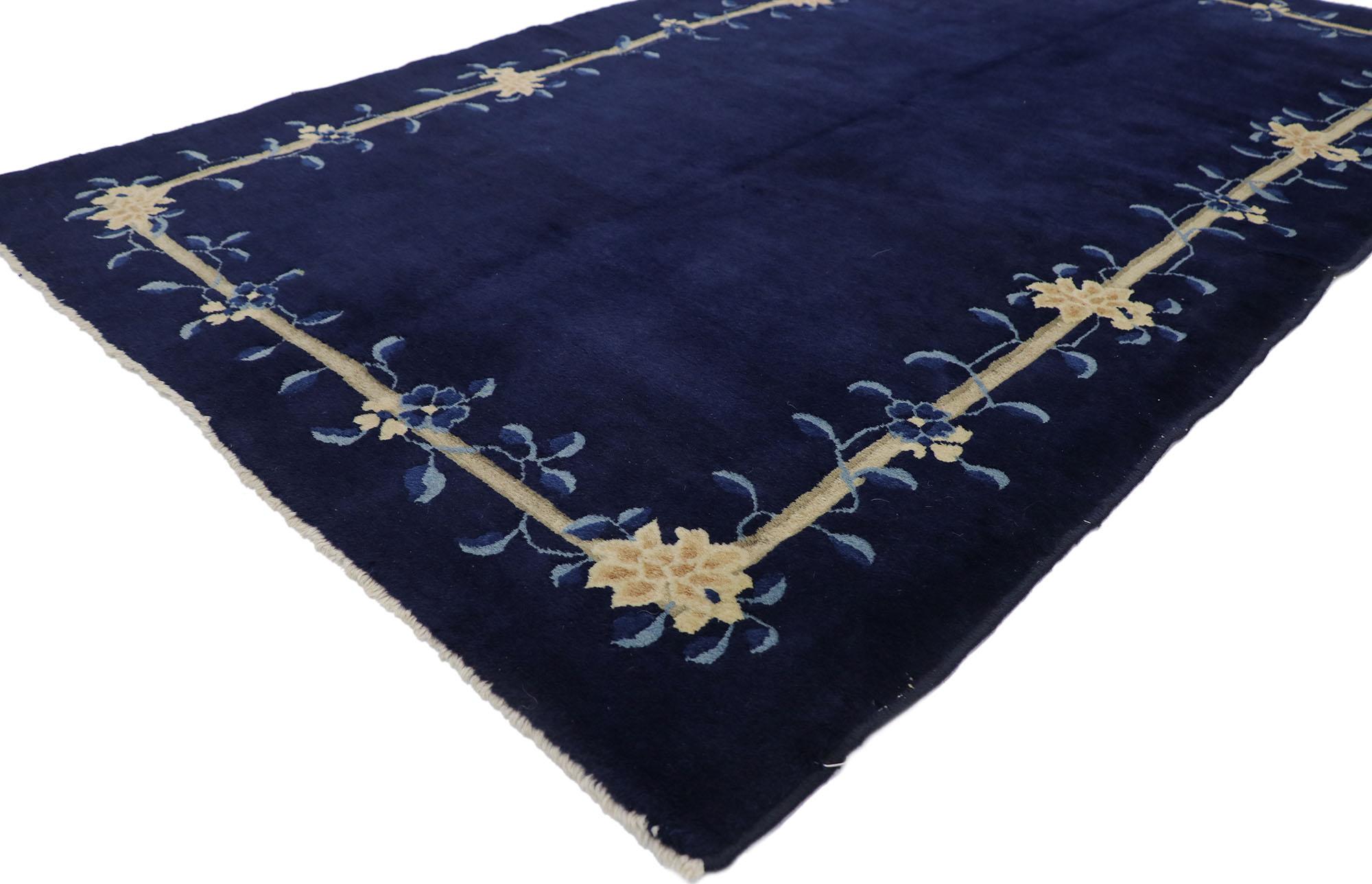 78123 Vintage Chinese Peking Rug with Chinoiserie Style 04'00 x 06'08. With its effortless beauty and timeless Chinoiserie style, this hand-knotted wool vintage Chinese Peking rug will take on a curated lived-in look that feels timeless while