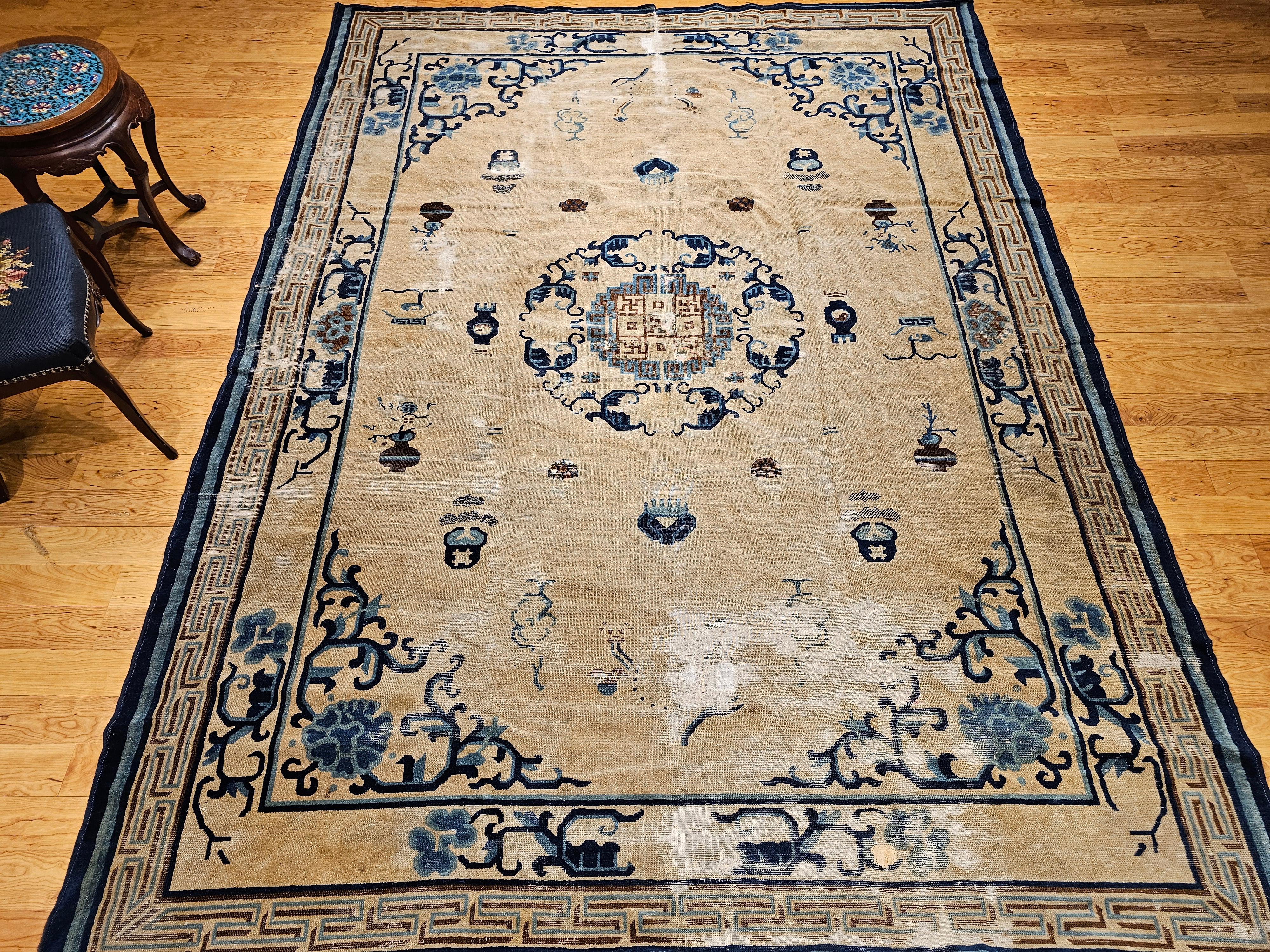 Vintage Chinese Peking Rug with Fortune Symbols in Ivory, Navy, Baby Blue For Sale 6