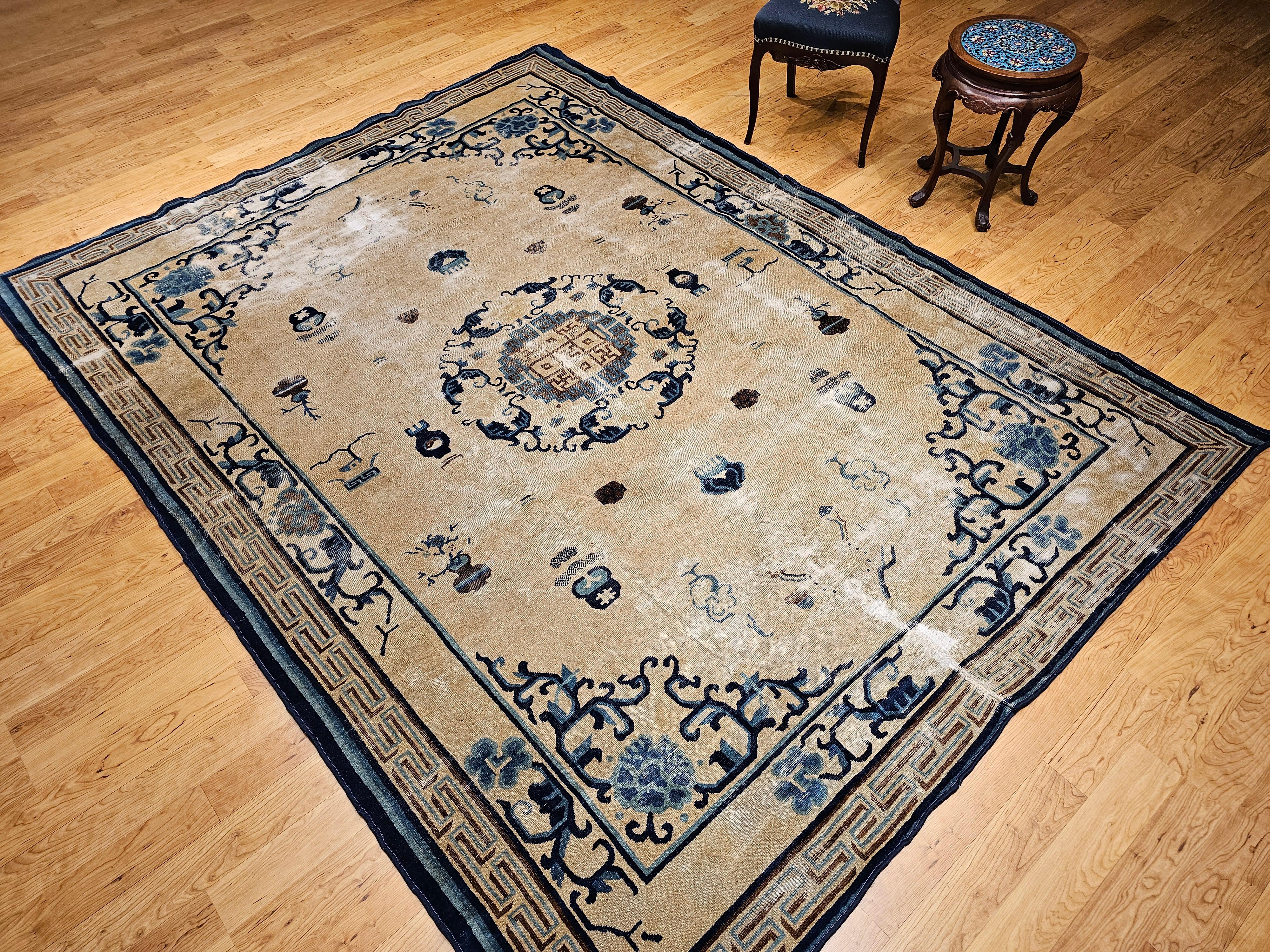 Vintage Chinese Peking Rug with Fortune Symbols in Ivory, Navy, Baby Blue For Sale 10