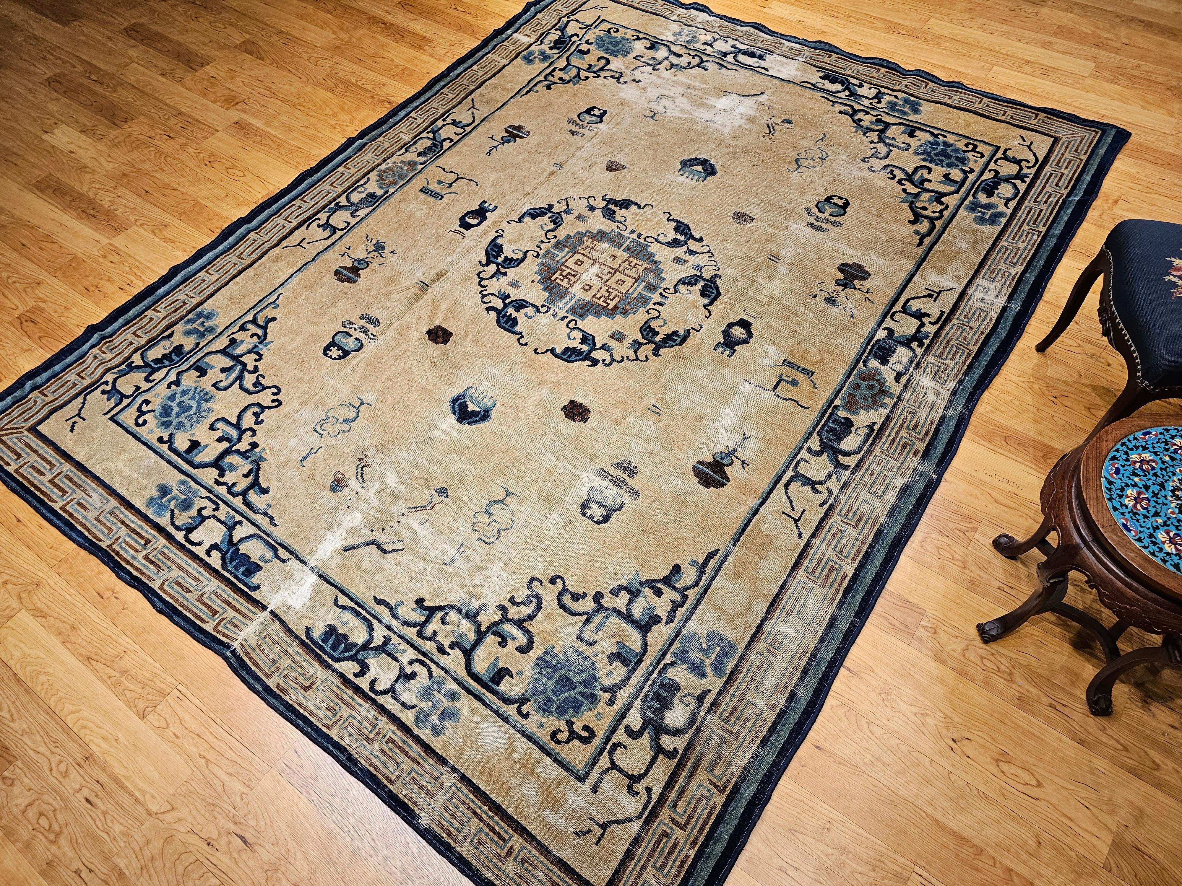 Vintage Chinese Peking Rug with Fortune Symbols in Ivory, Navy, Baby Blue For Sale 11