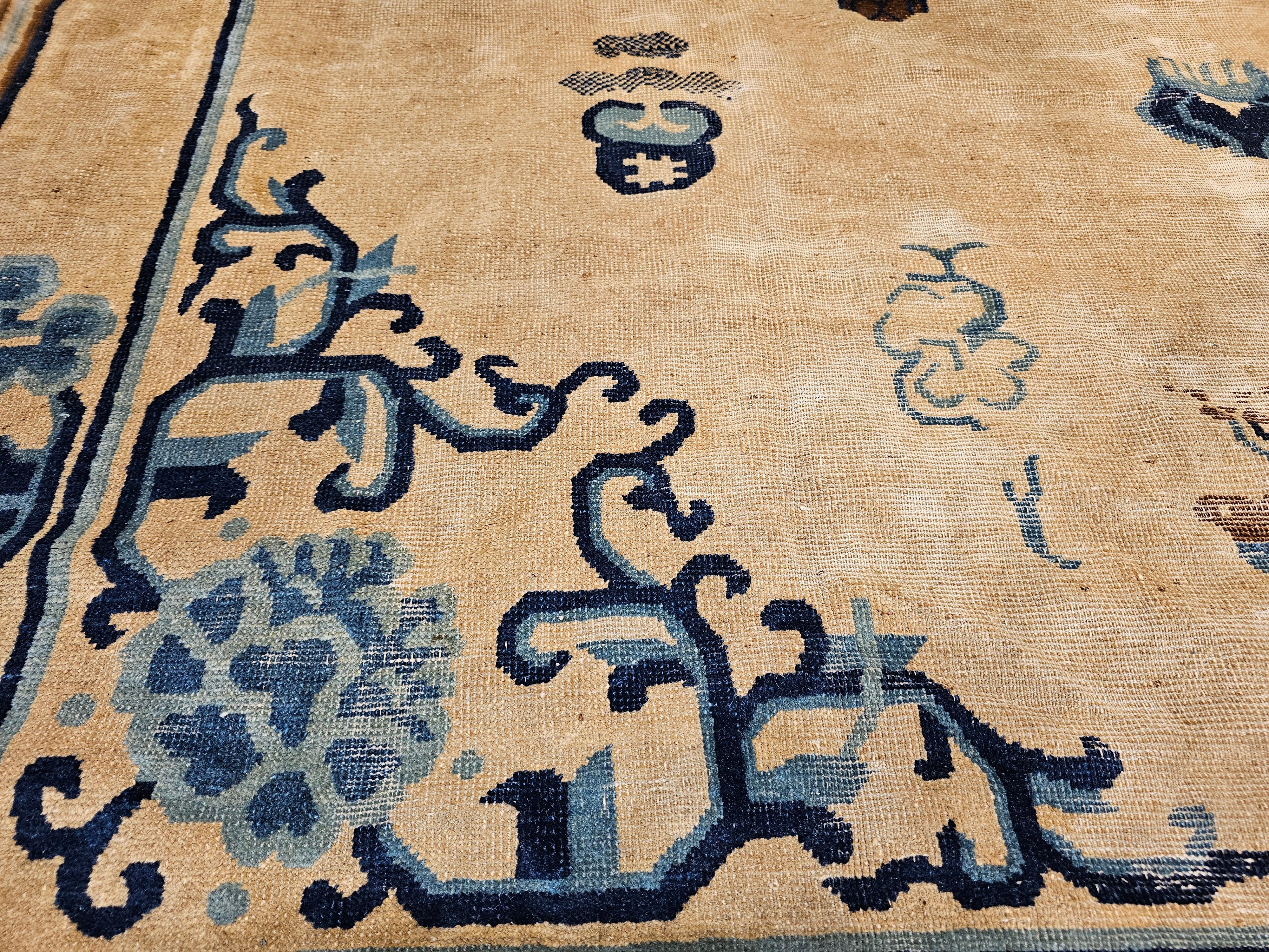 Vintage Chinese Peking Rug with Fortune Symbols in Ivory, Navy, Baby Blue For Sale 1