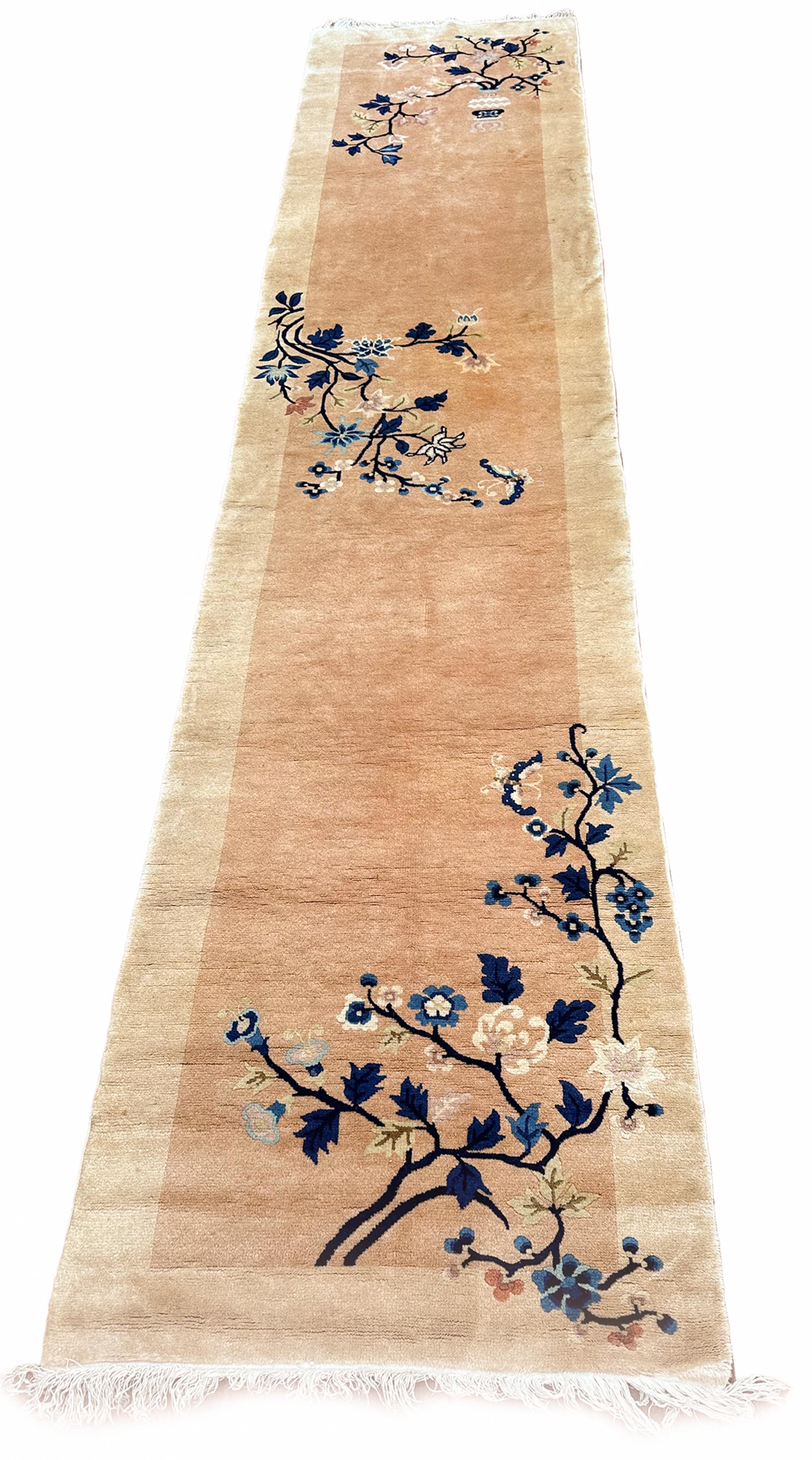 Wool Vintage Chinese Peking Runner Art Deco 2.5 x 11 Handmade Rug 74x323cm For Sale