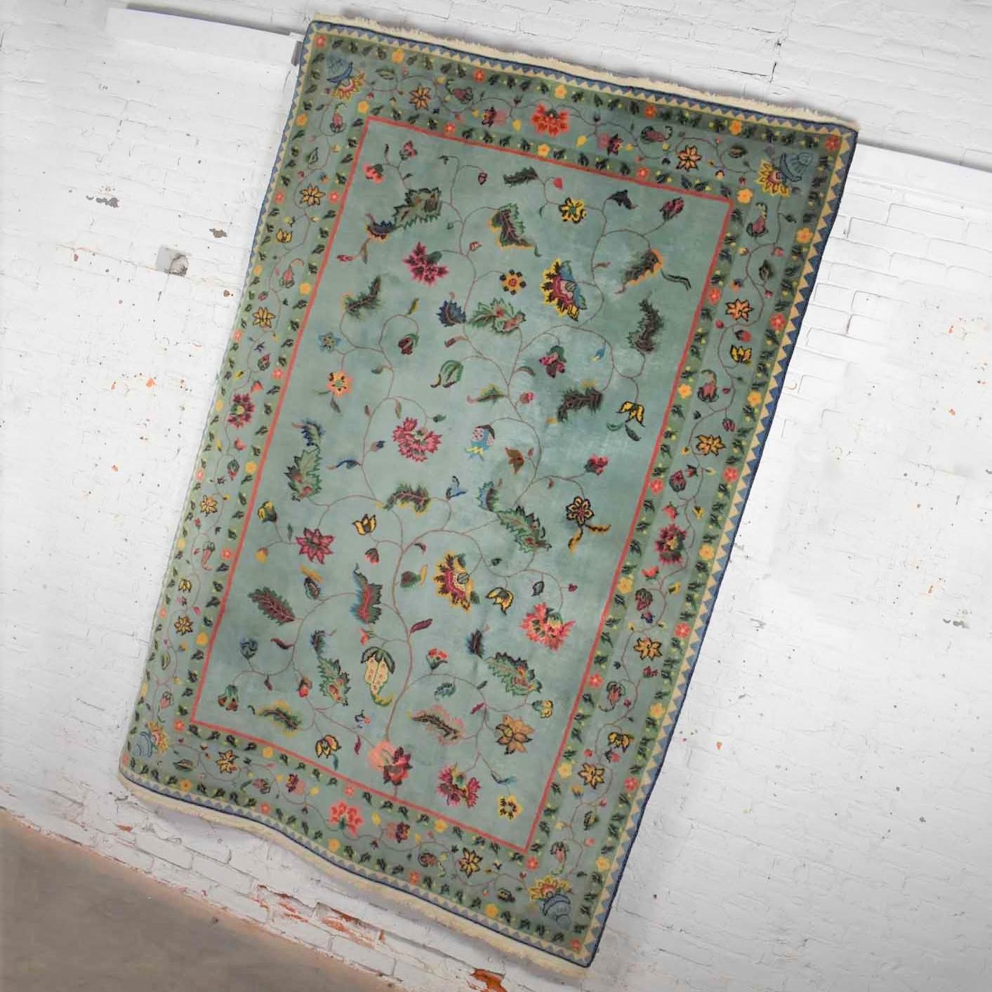 Vintage Chinese Peking Wool Handmade Rug Teal Green Overall Pattern In Good Condition In Topeka, KS