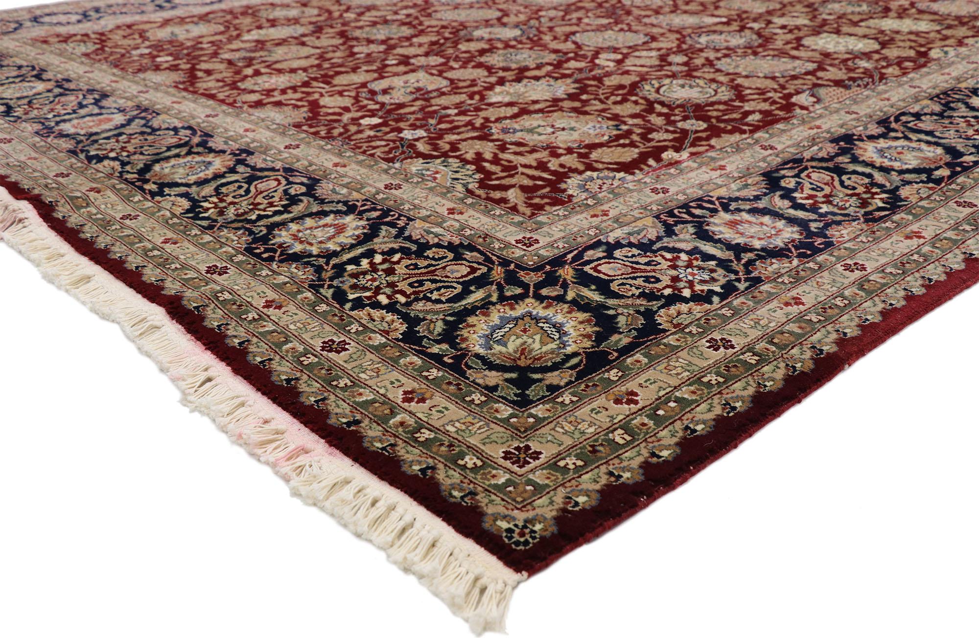 77369 Vintage Chinese Persian Tabriz Design Rug with Colonial and Federal Style 08'10 x 11'09. This hand knotted vintage Chinese Persian Tabriz design rug features an all-over Shah Abbas design composed of blooming palmettes, curved sickle leaves,