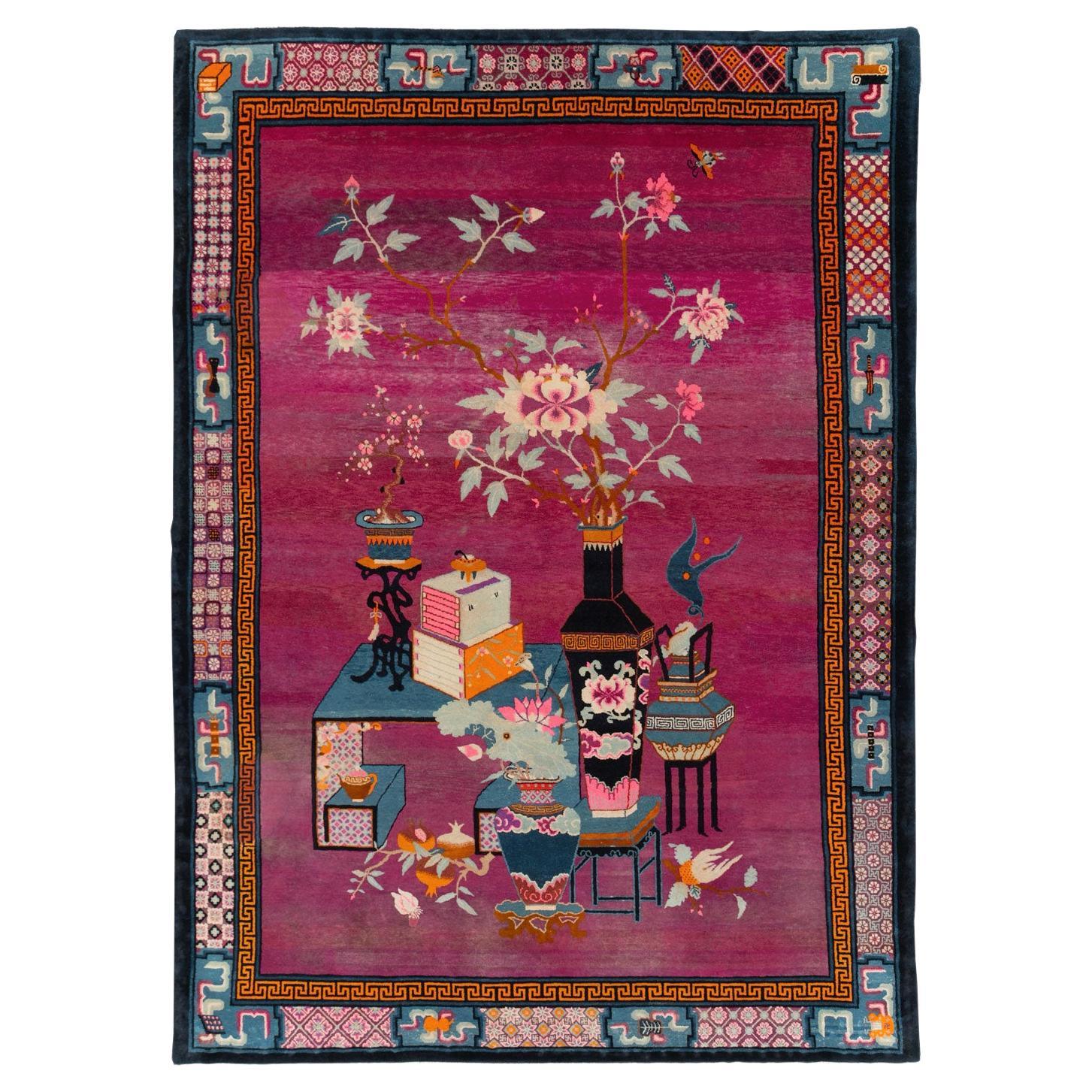Alfombra Vintage China Pictórica Art Decó Tamaño Habitación