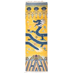 Vintage Chinese Pictorial Pillar Runner in Gold with Dragon Motif - Rug & Kilim