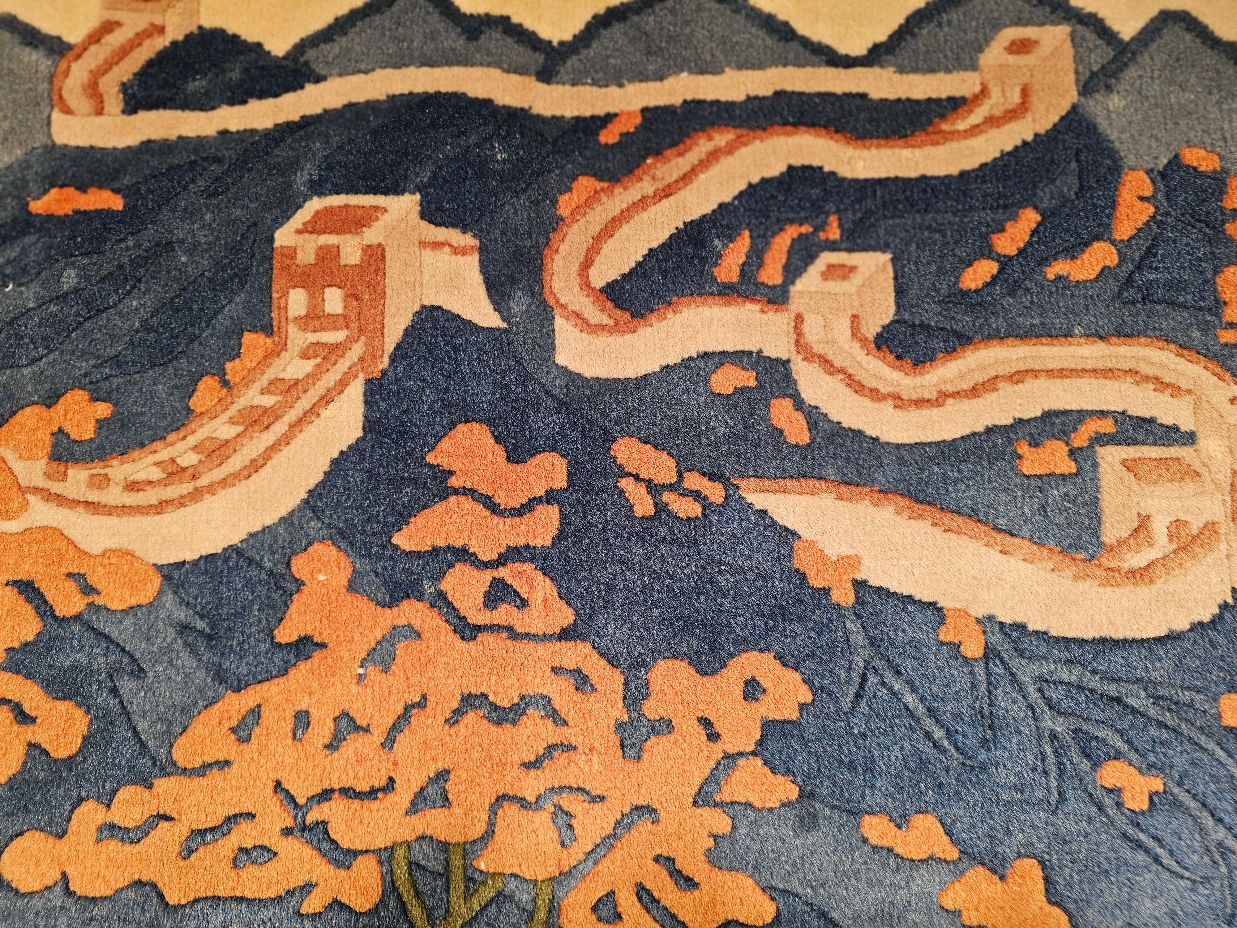 Vintage Chinese Pictorial Landscape Rug of The Great Wall in Navy Blue, Ivory In Good Condition For Sale In Barrington, IL