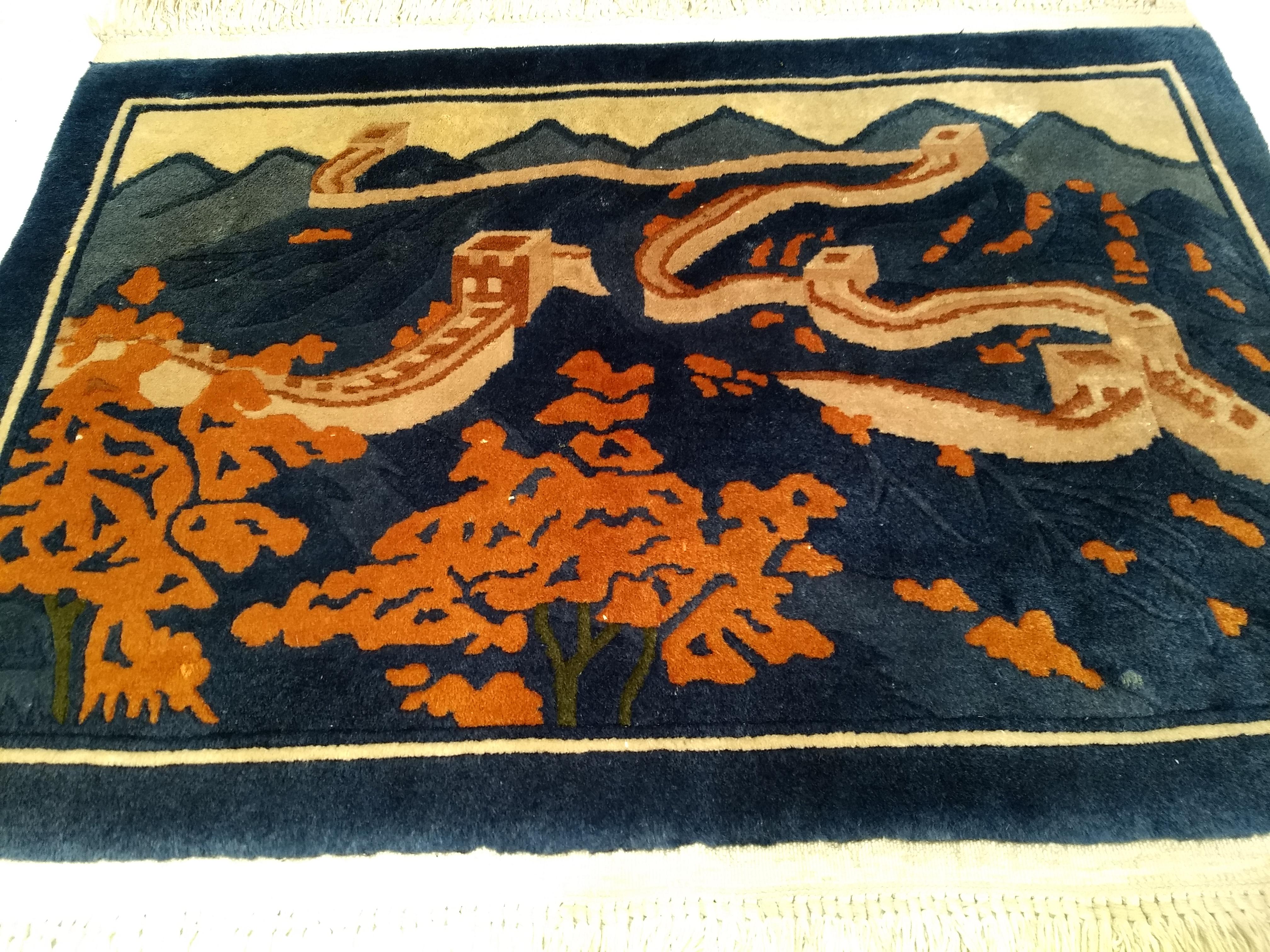 20th Century Vintage Chinese Pictorial Landscape Rug of The Great Wall in Navy Blue, Ivory For Sale