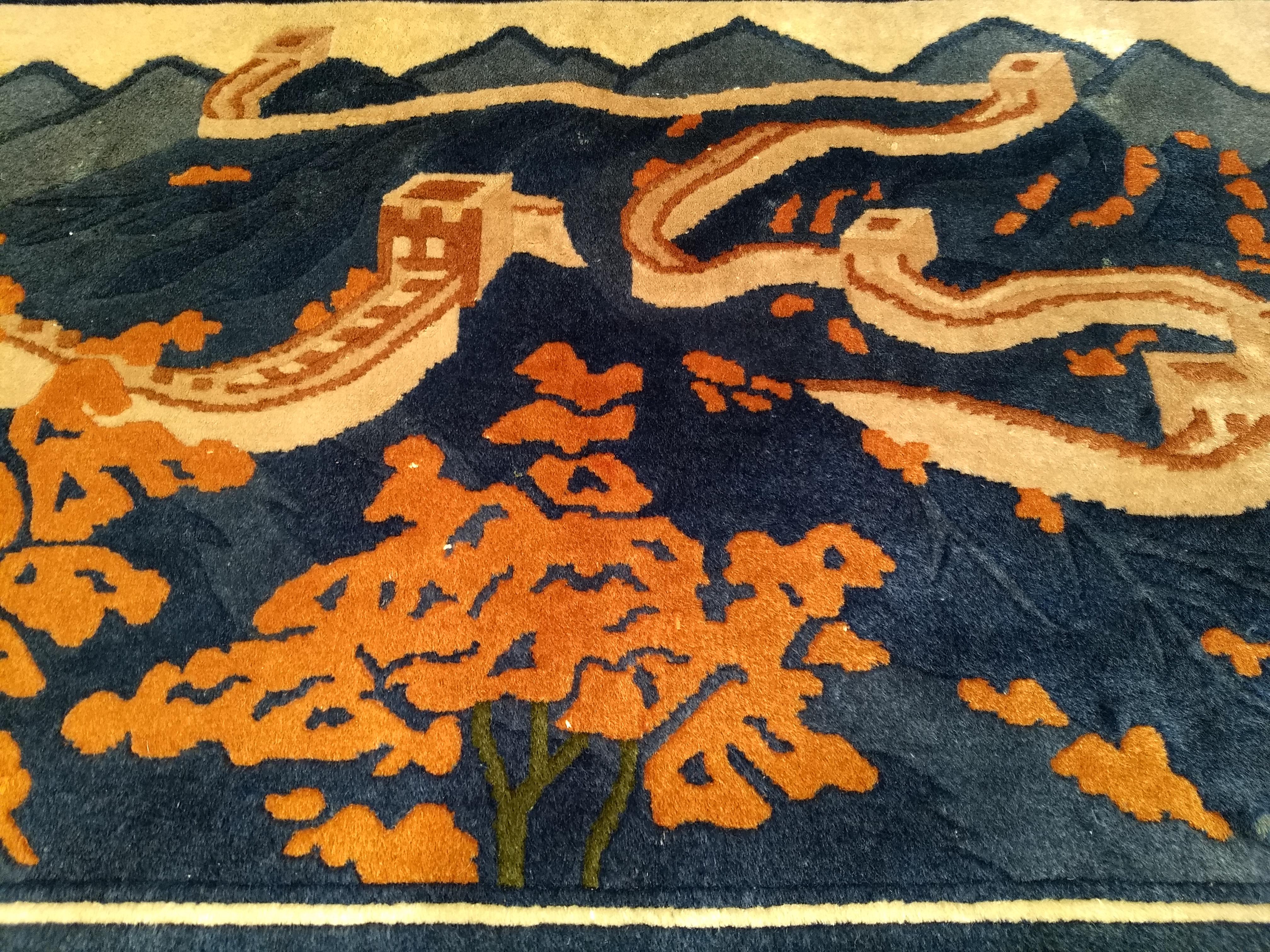 Wool Vintage Chinese Pictorial Landscape Rug of The Great Wall in Navy Blue, Ivory For Sale