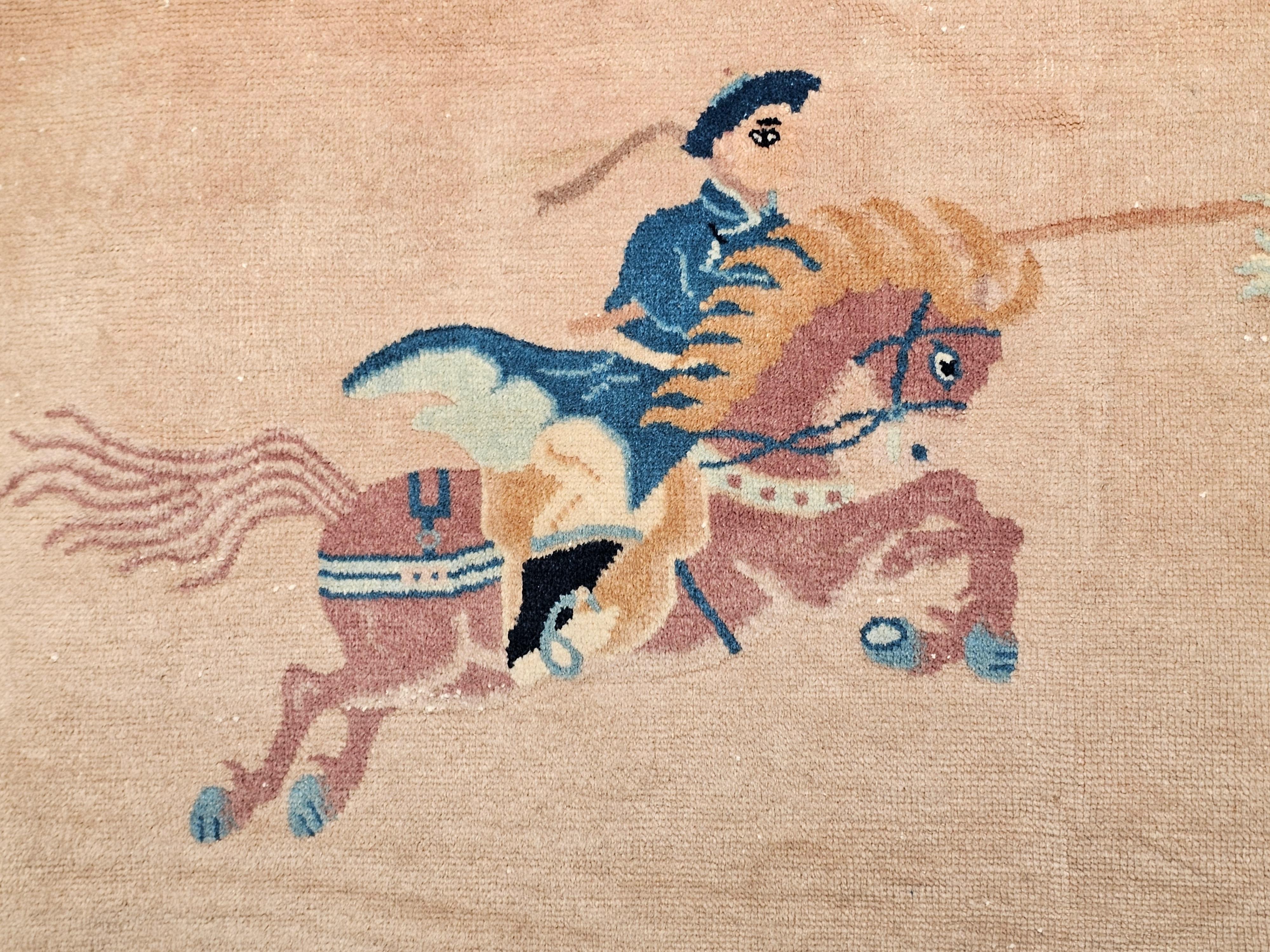 Vintage Chinese Pictorial Rug of a Riding Horseman in Pale Peach/Pink, Baby Blue In Good Condition For Sale In Barrington, IL