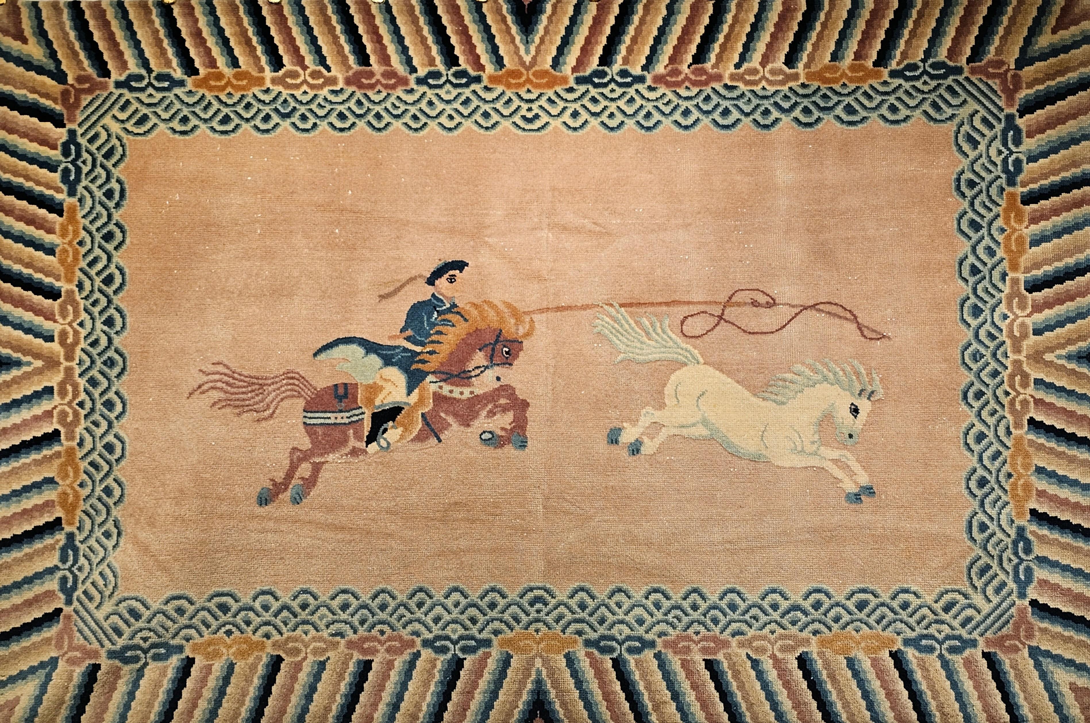 Vintage Chinese Pictorial Rug of a Riding Horseman in Pale Peach/Pink, Baby Blue For Sale 1