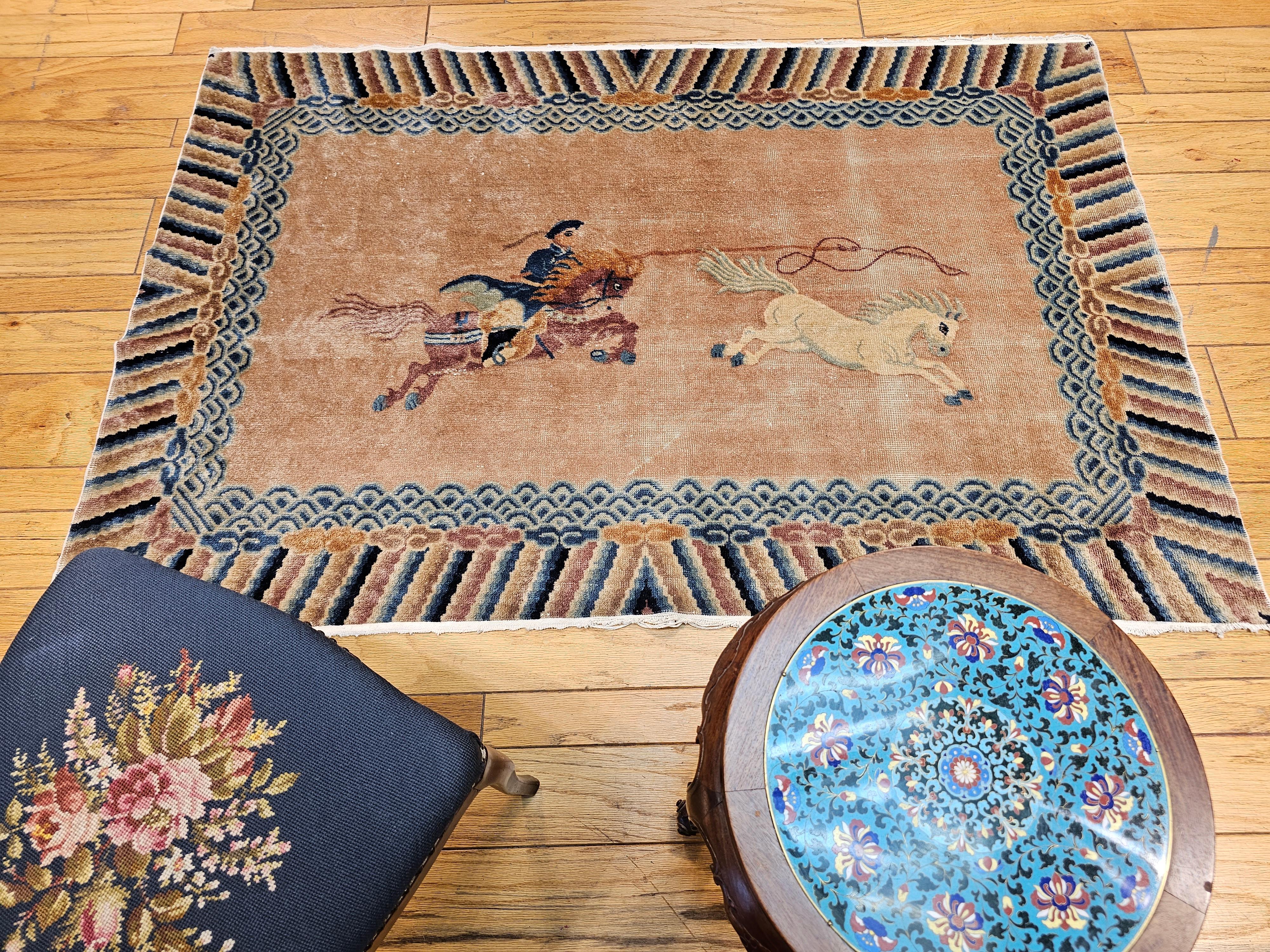 Vintage Chinese Pictorial Rug of a Riding Horseman in Pale Peach/Pink, Baby Blue For Sale 2