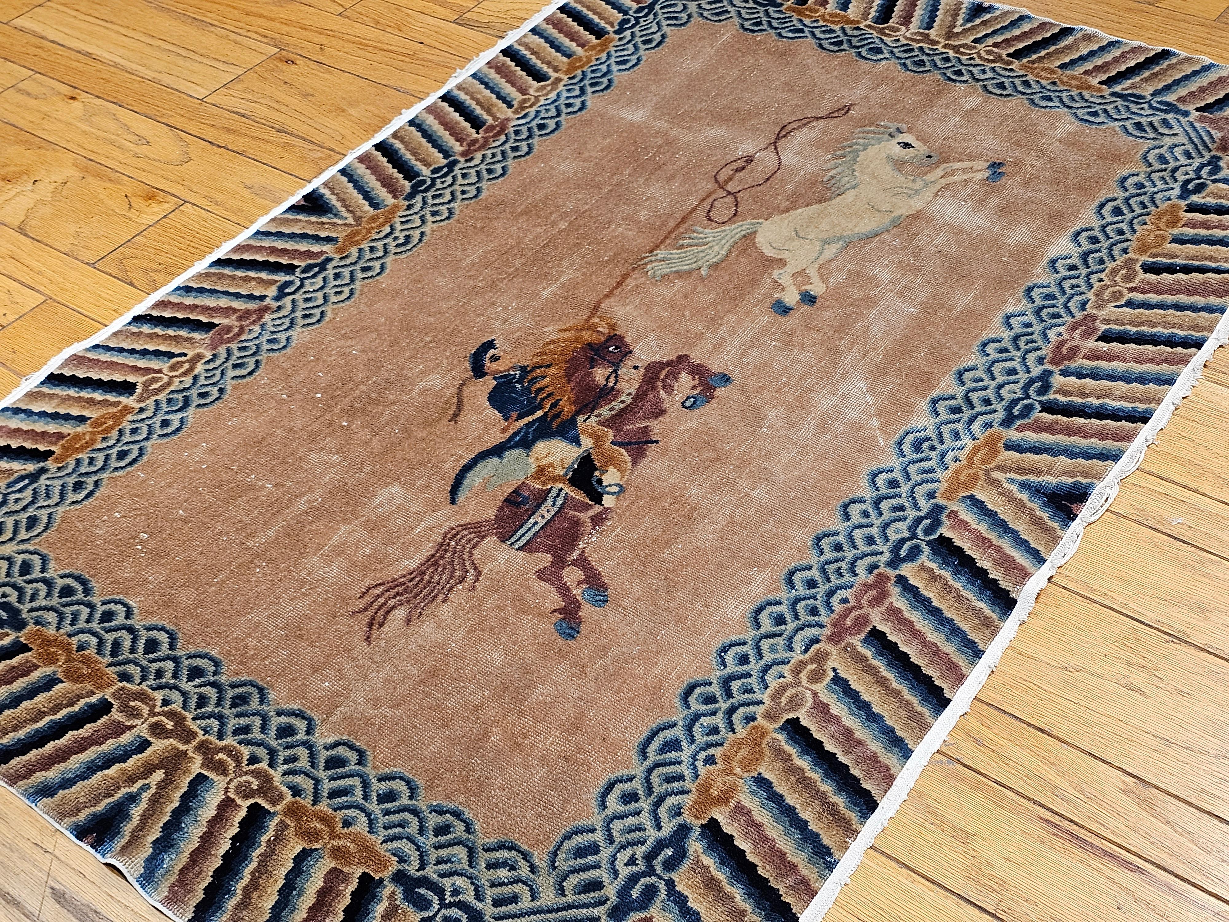 Vintage Chinese Pictorial Rug of a Riding Horseman in Pale Peach/Pink, Baby Blue For Sale 3
