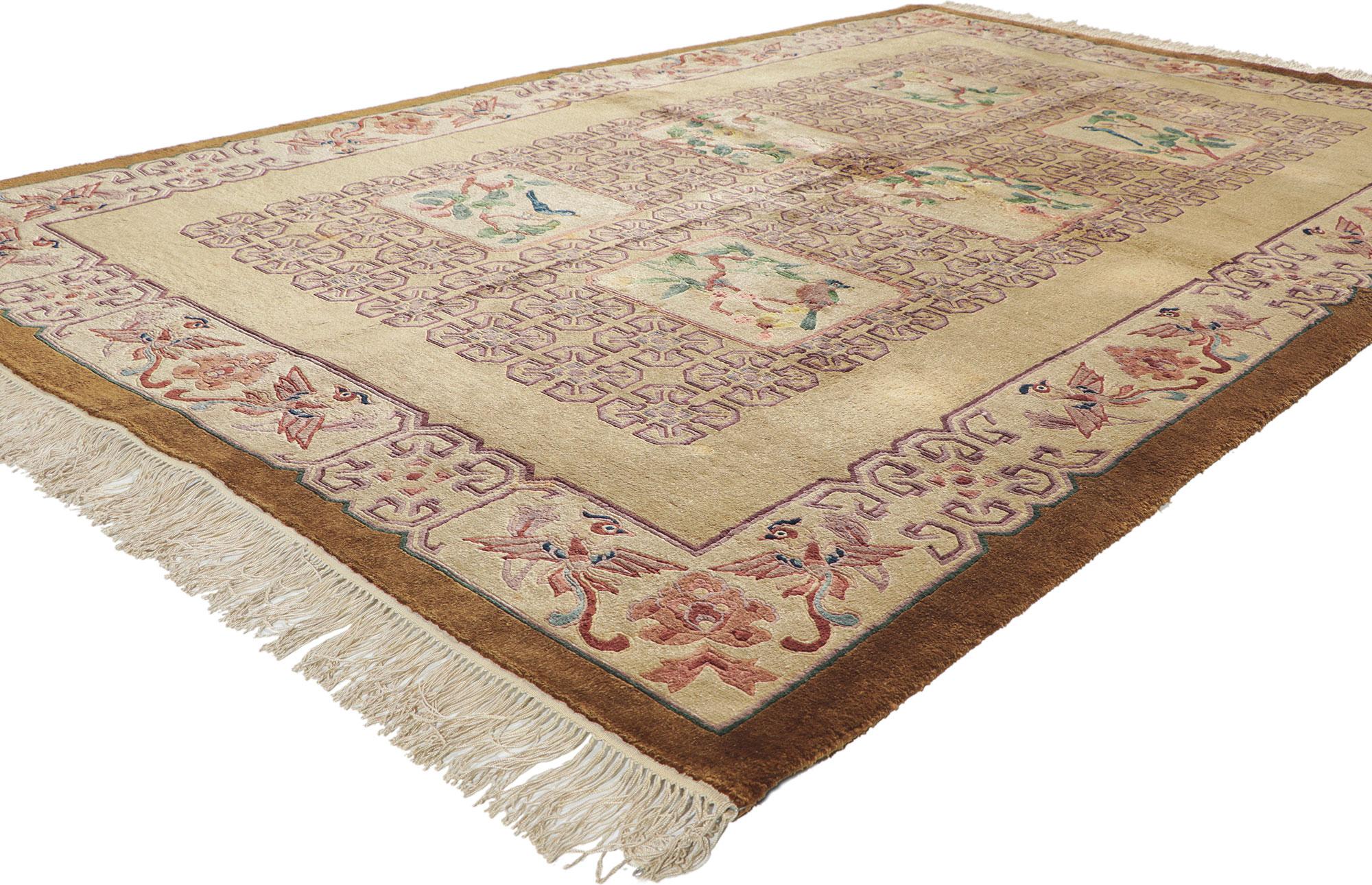 74866 Vintage Chinese Tang Dynasty Rug, 05'00 x 07'11.
This hand-knotted wool vintage Chinese rug features six rectangular pictorial vignettes floating on a patterned backdrop reminiscent of ancient Chinese stone carvings. Inspired by weavings from