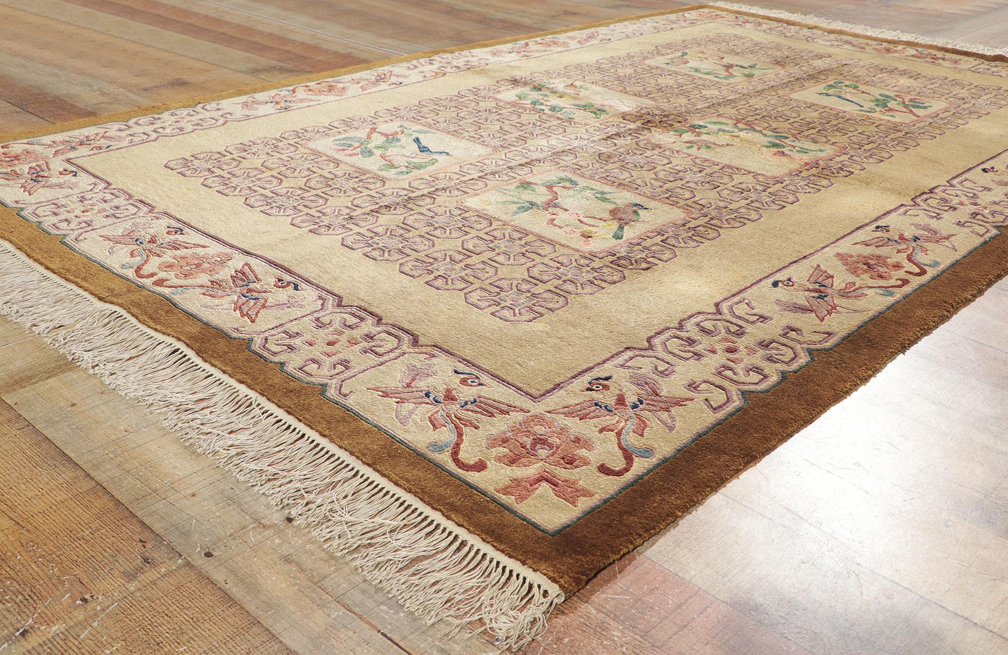 Wool Vintage Chinese Pictorial Rug with Tang Dynasty Style, Pastel Earth-Tone Colors For Sale