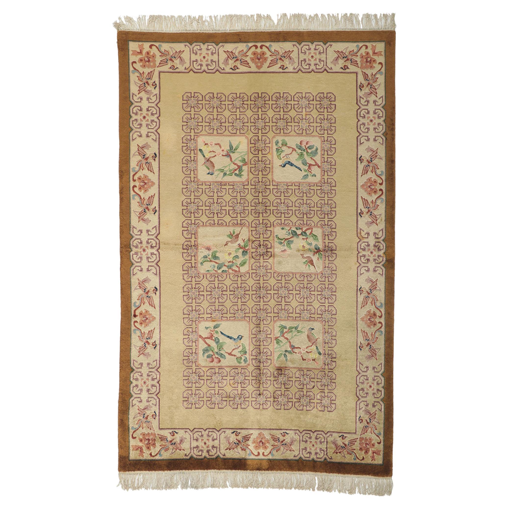 Vintage Chinese Pictorial Rug with Tang Dynasty Style, Pastel Earth-Tone Colors For Sale