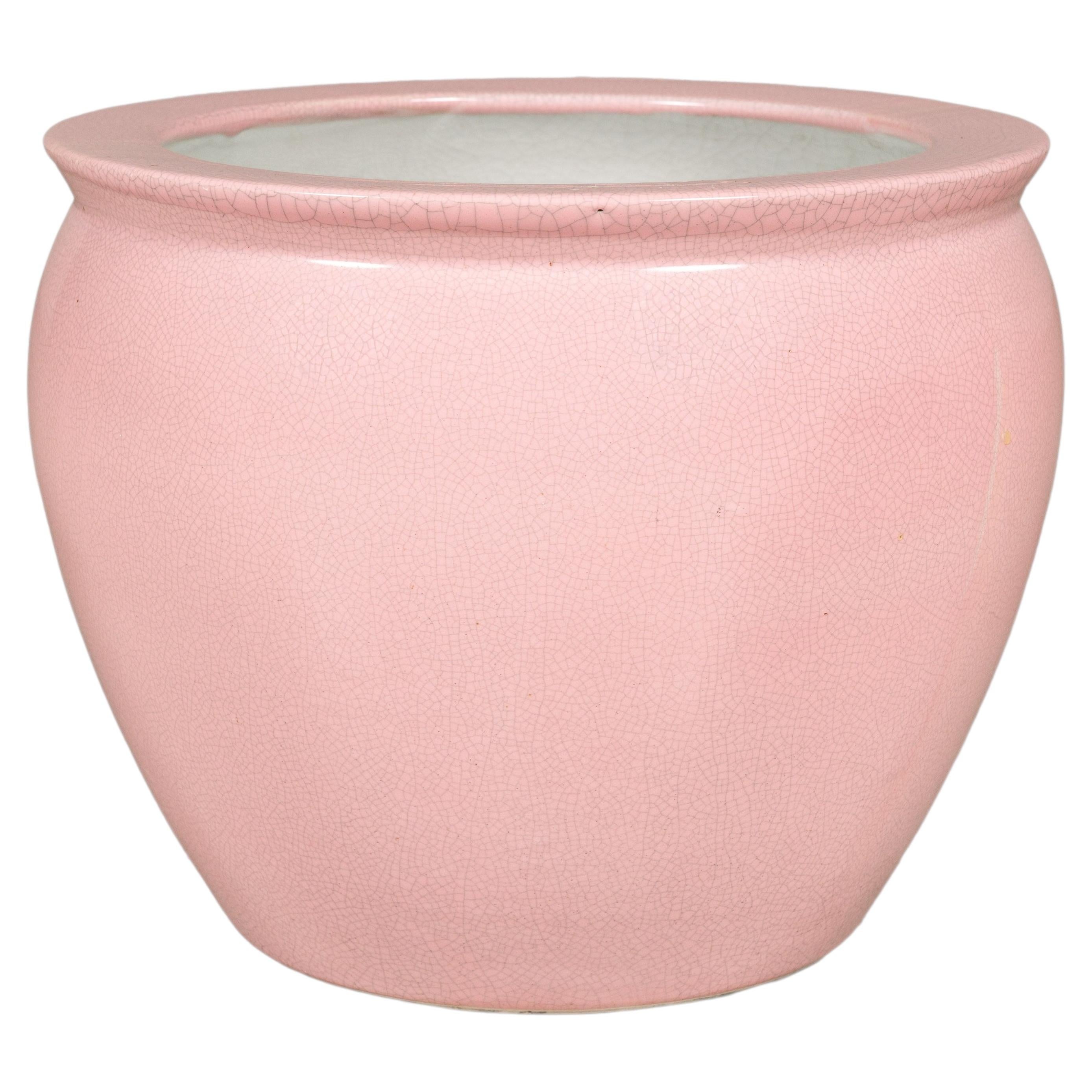 Vintage Chinese Pink Crackle Glazed Ceramic Planter, Medium Size