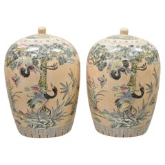 Vintage Chinese Pink Porcelain Lidded Figural Crane Ginger Jars, a Pair