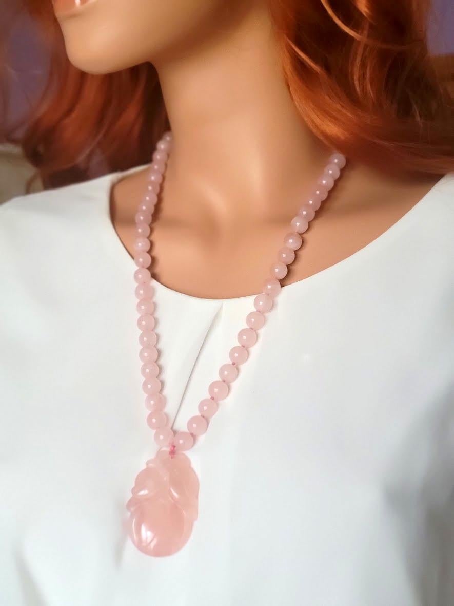 Bead Vintage Chinese Pink Quartz Necklace For Sale