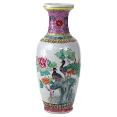 Vintage Chinese Polychromed Porcelain Vase With Peacocks, Signed, C1950