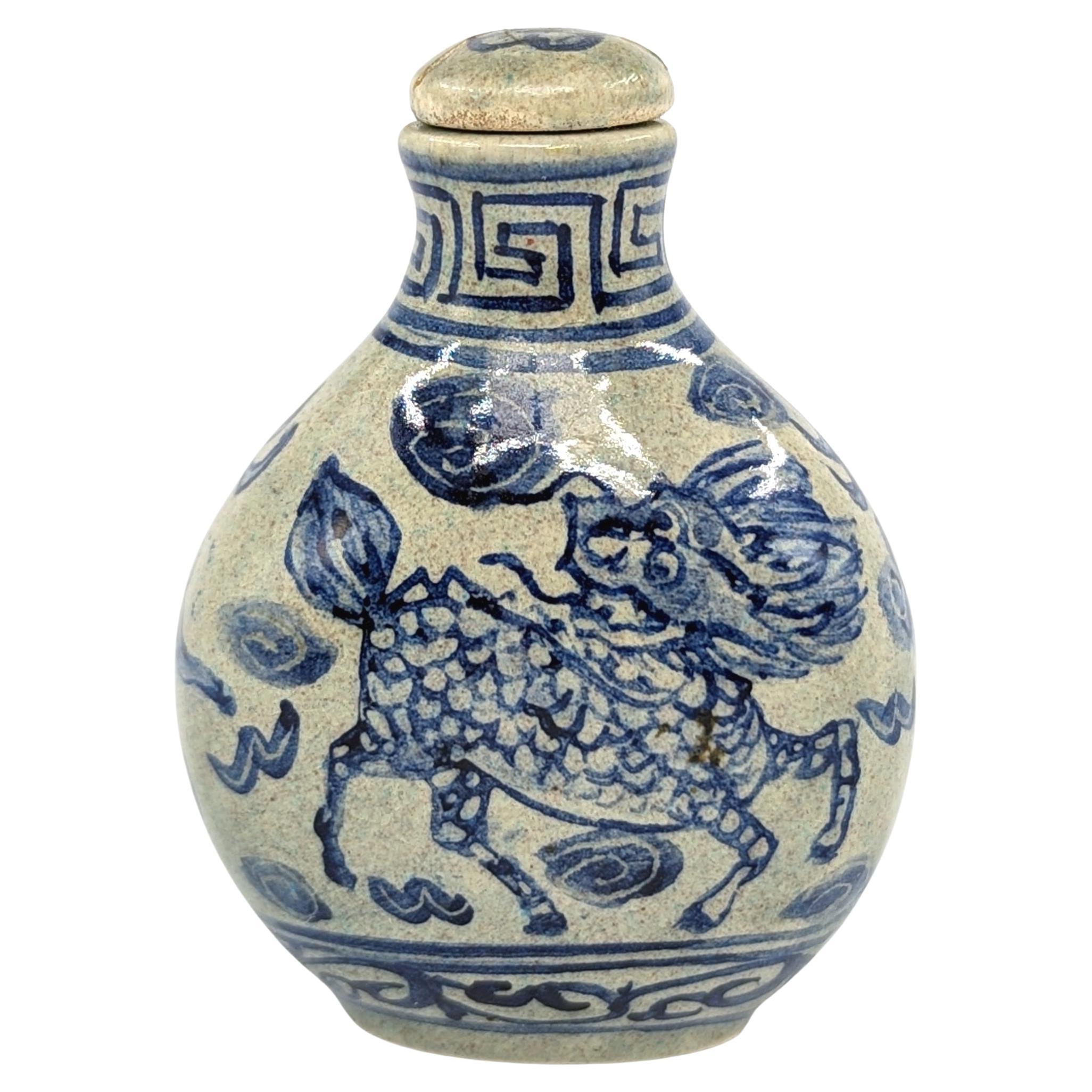 Vintage Chinese Porcelain Blue & White Qilin Snuff Bottle Early 20c Republic ROC For Sale