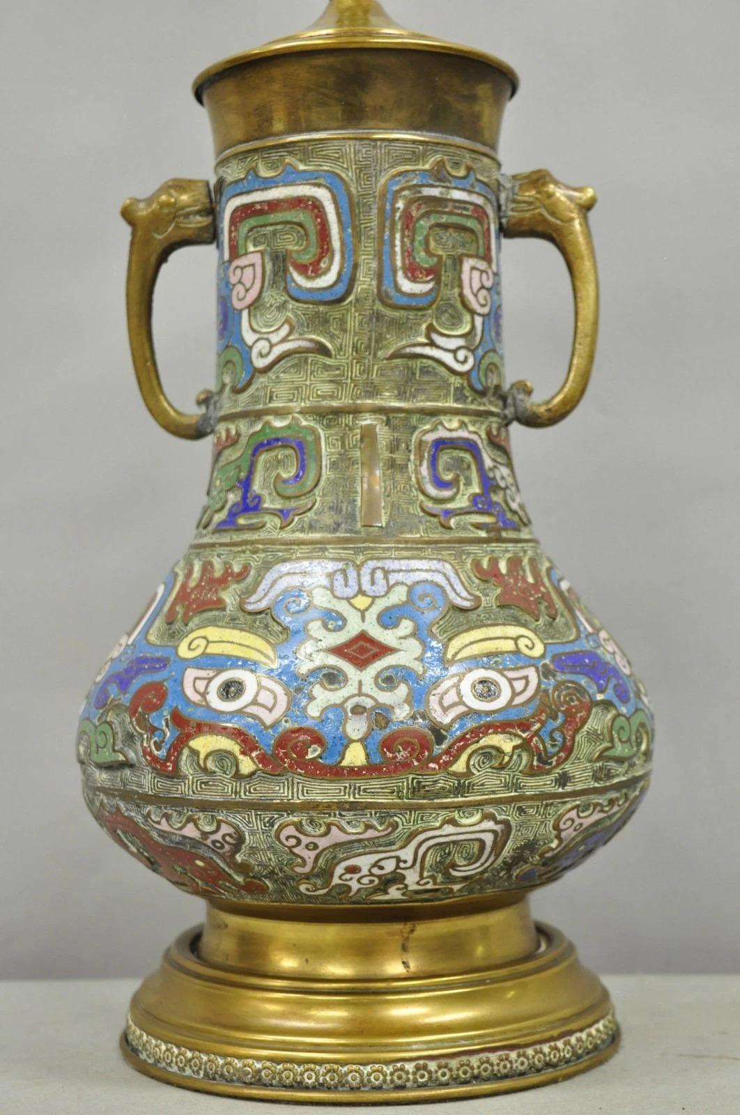 Vintage Chinesisch Porzellan Emaille Bronze Cloisonne Champleve Vase Tischlampe im Angebot 5