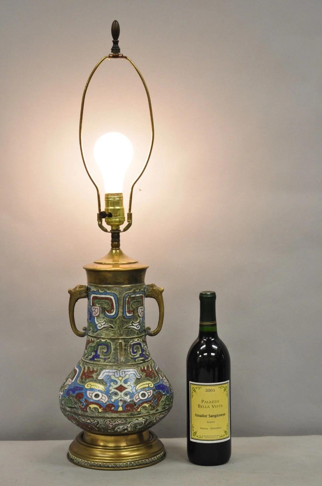 Vintage Chinesisch Porzellan Emaille Bronze Cloisonne Champleve Vase Tischlampe im Angebot 6