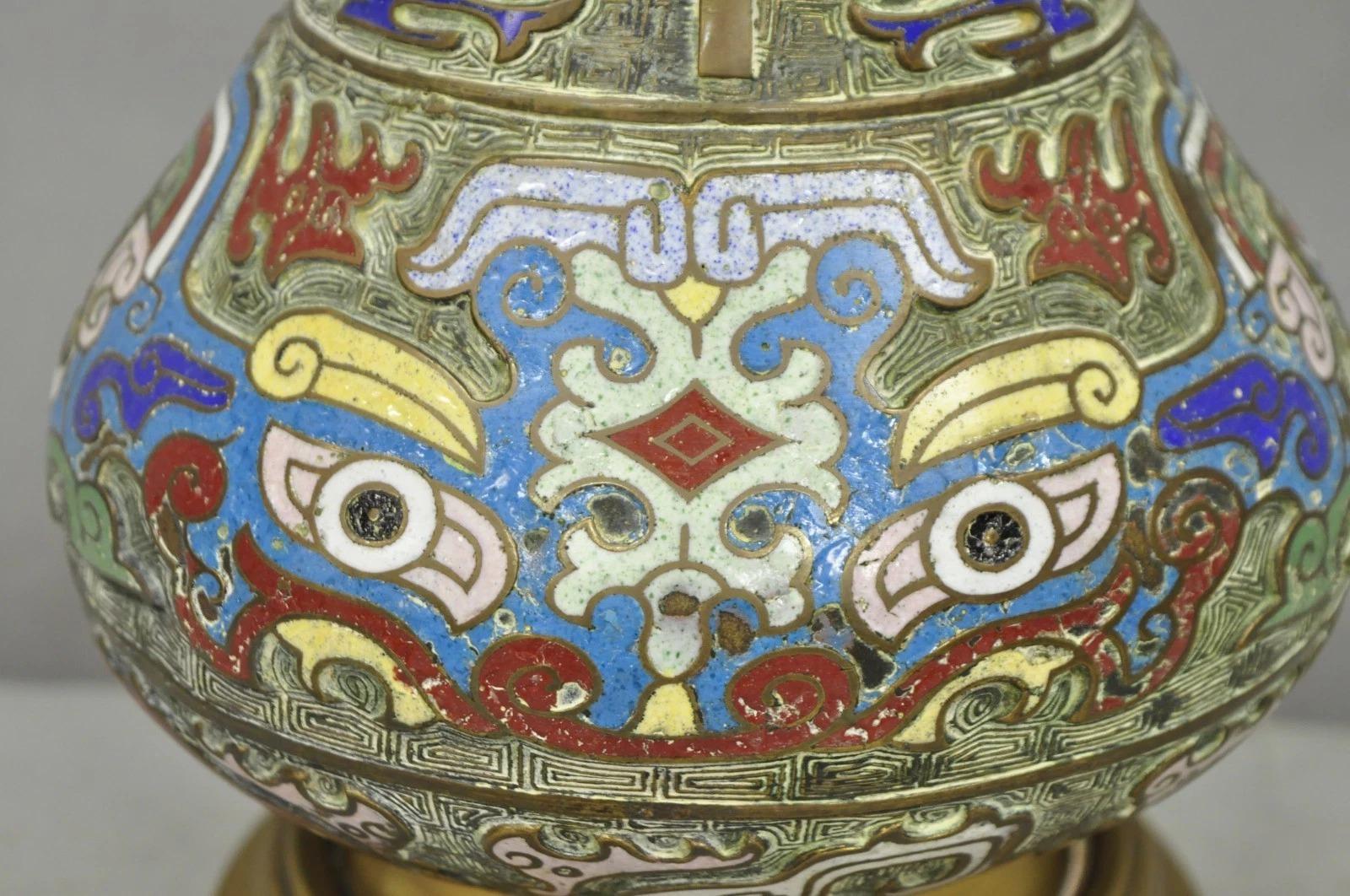 Vintage Chinesisch Porzellan Emaille Bronze Cloisonne Champleve Vase Tischlampe (Sonstiges) im Angebot