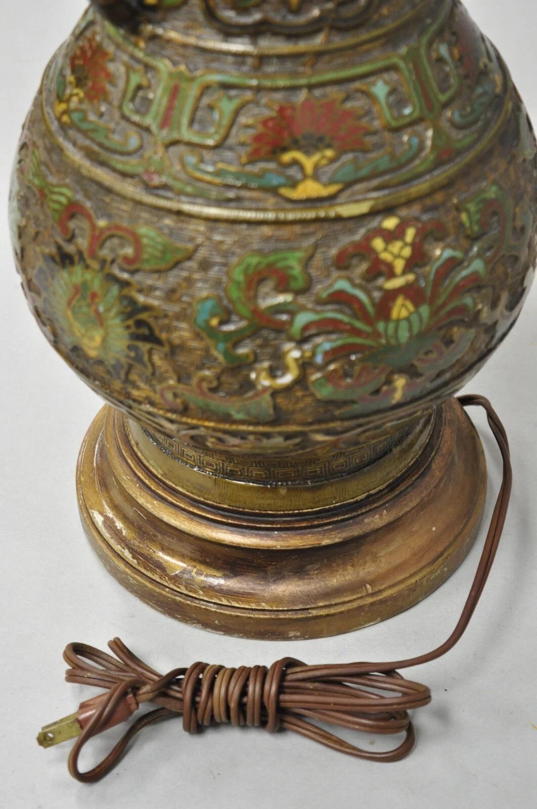 Vintage Chinese Porcelain Enamel Bronze Lacquered Cloisonne Champleve Table Lamp im Angebot 4