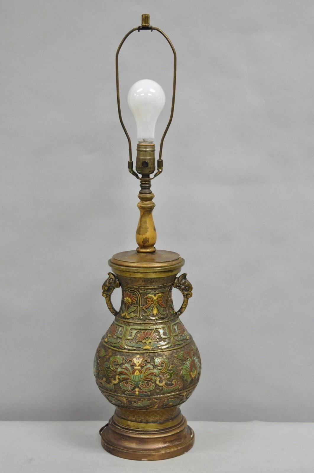 Vintage Chinese Porcelain Enamel Bronze Lacquered Cloisonne Champleve Table Lamp im Angebot 5