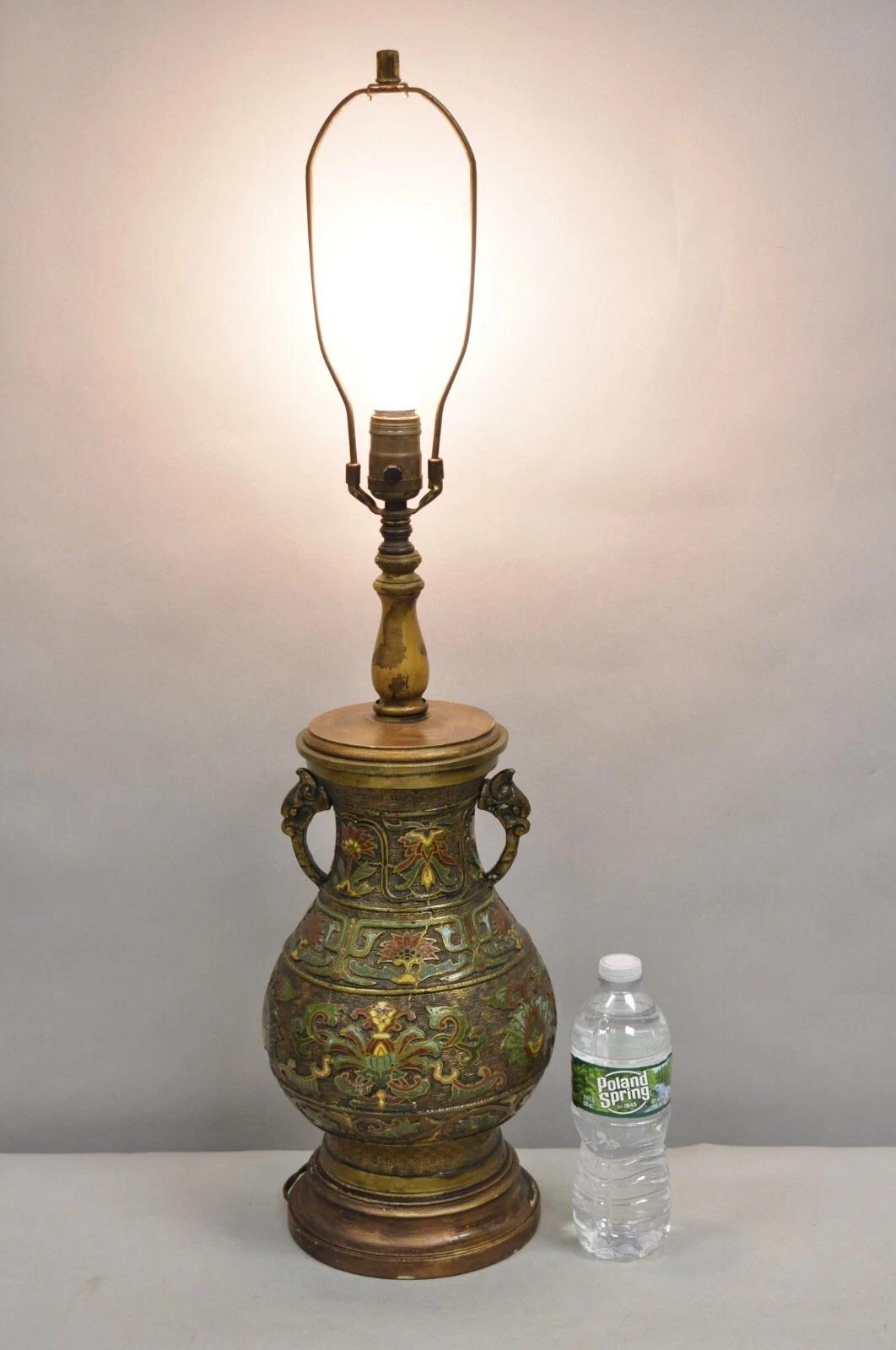 Vintage Chinese Porcelain Enamel Bronze Lacquered Vase Champleve Table Lamp on Wooden Base. Circa Early 20th Century. Measurements: 31