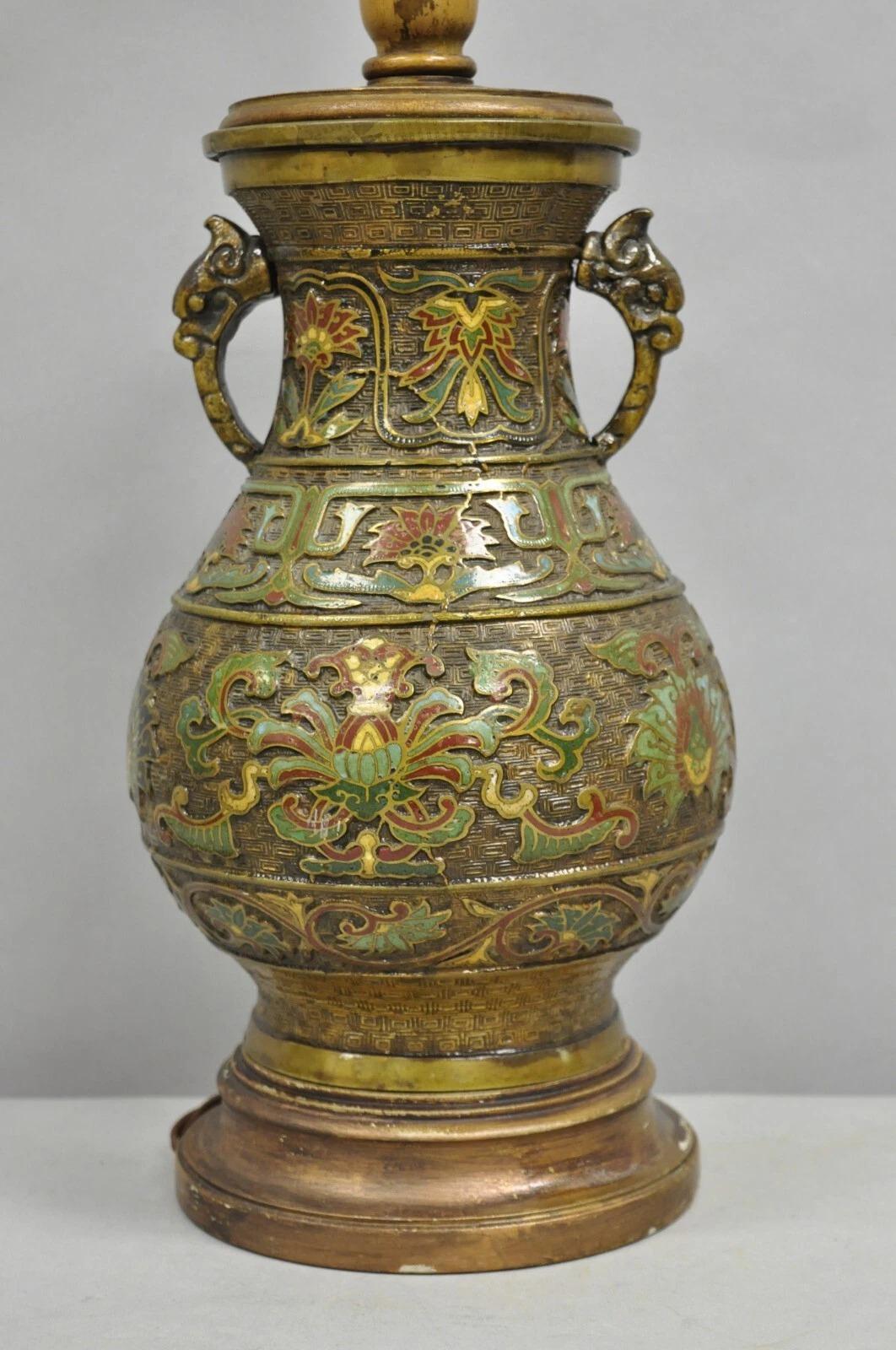 Vintage Chinese Porcelain Enamel Bronze Lacquered Cloisonne Champleve Table Lamp (Sonstiges) im Angebot