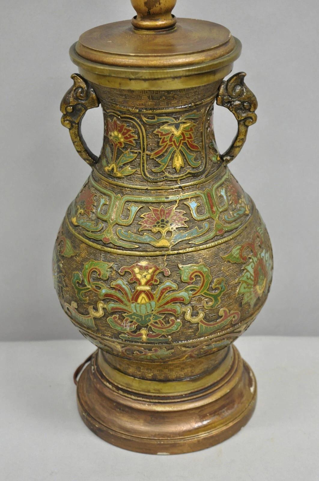 Vintage Chinese Porcelain Enamel Bronze Lacquered Cloisonne Champleve Table Lamp im Angebot 2