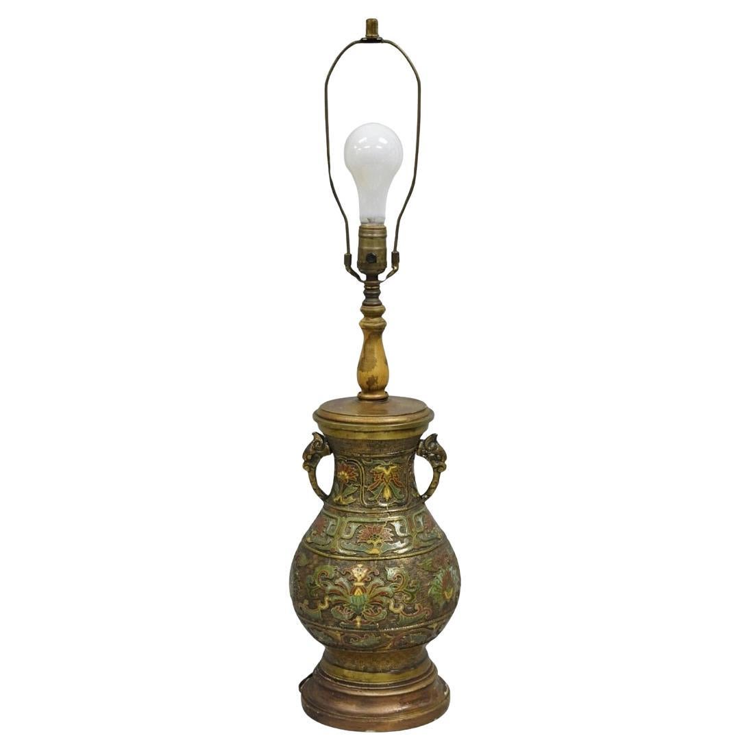 Vintage Chinese Porcelain Enamel Bronze Lacquered Cloisonne Champleve Table Lamp