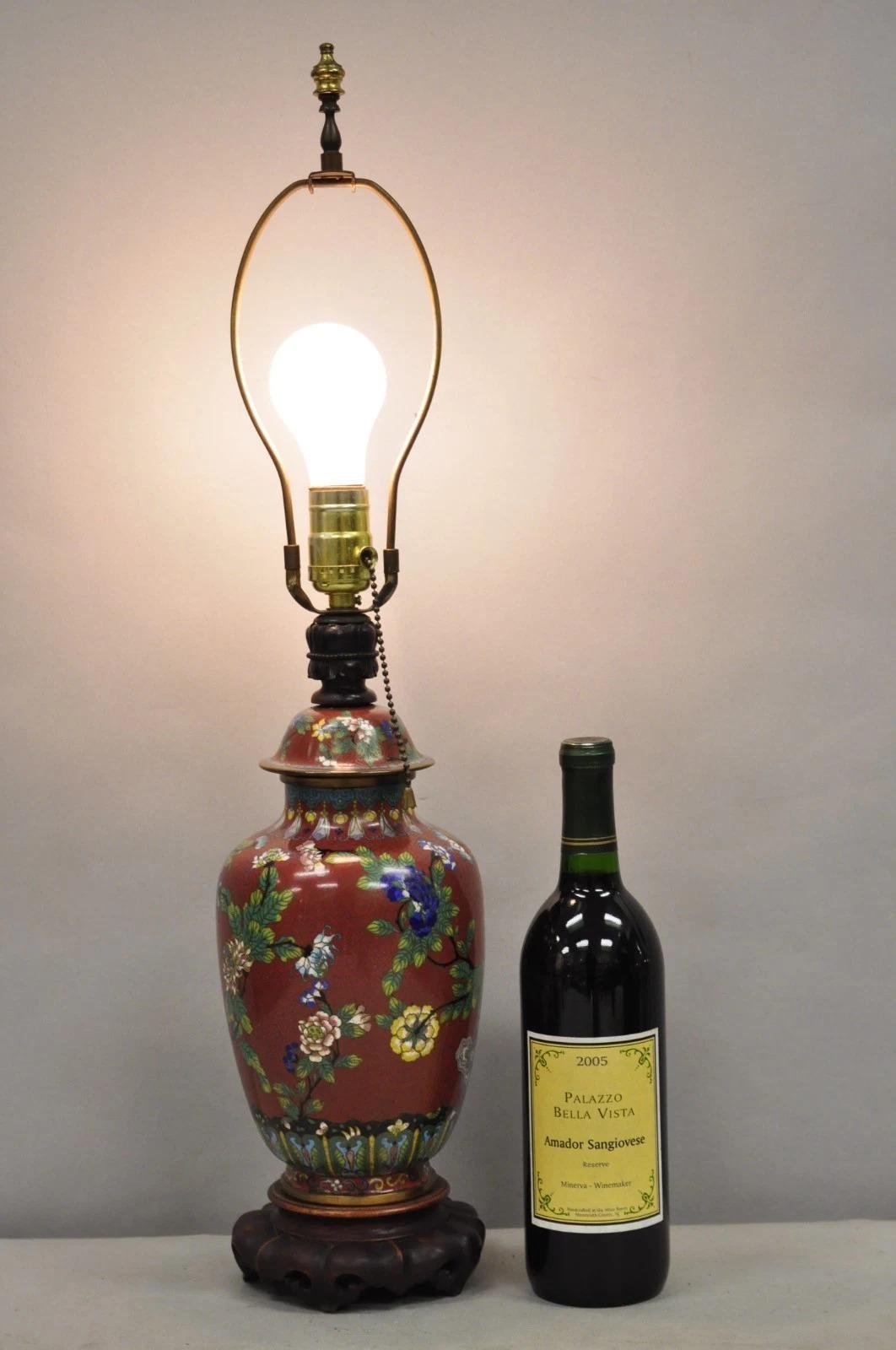 Vintage Chinese Porcelain Enamel Bronze Red Cloisonne Champleve Vase Table Lamp For Sale 4