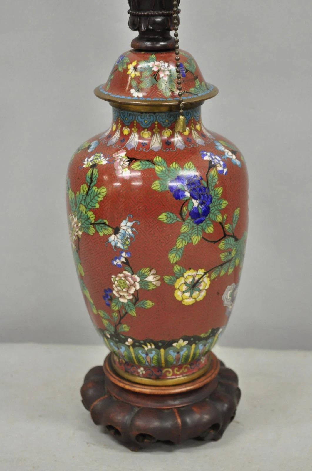 Vintage Chinese Porcelain Enamel Bronze Red Cloisonne Champleve Vase Table Lamp. Circa Early 20th Century. Measurements: 26