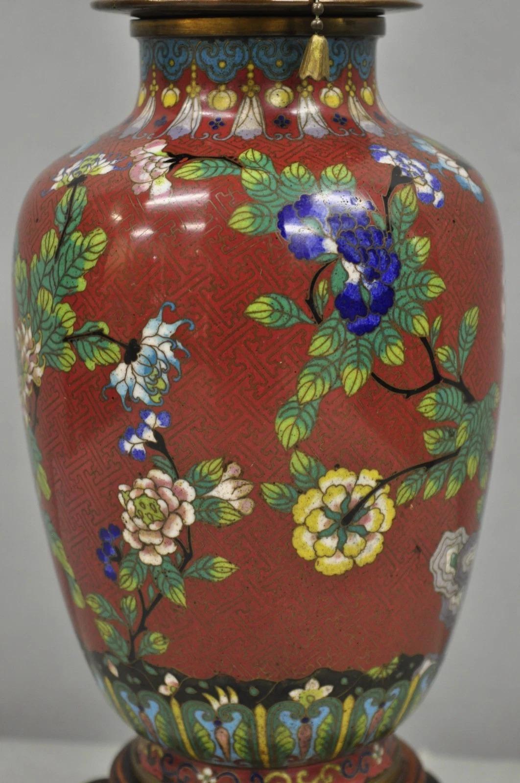 Unknown Vintage Chinese Porcelain Enamel Bronze Red Cloisonne Champleve Vase Table Lamp For Sale