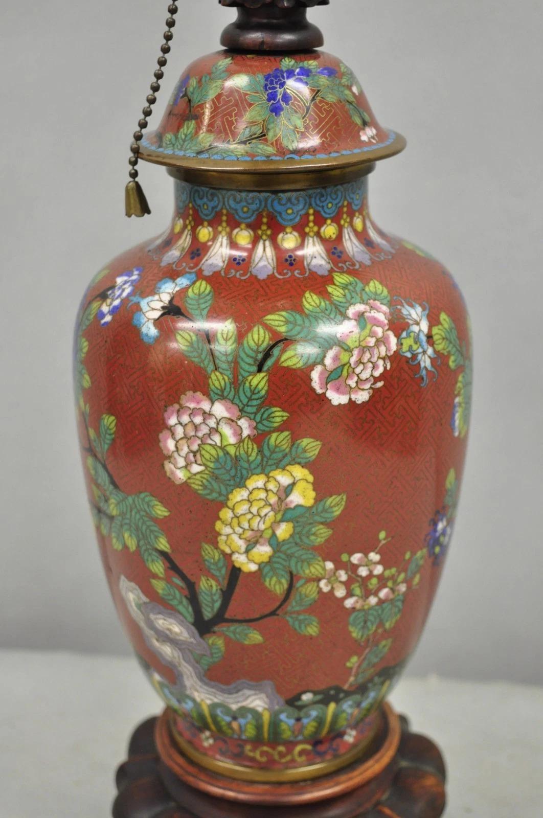 20th Century Vintage Chinese Porcelain Enamel Bronze Red Cloisonne Champleve Vase Table Lamp For Sale