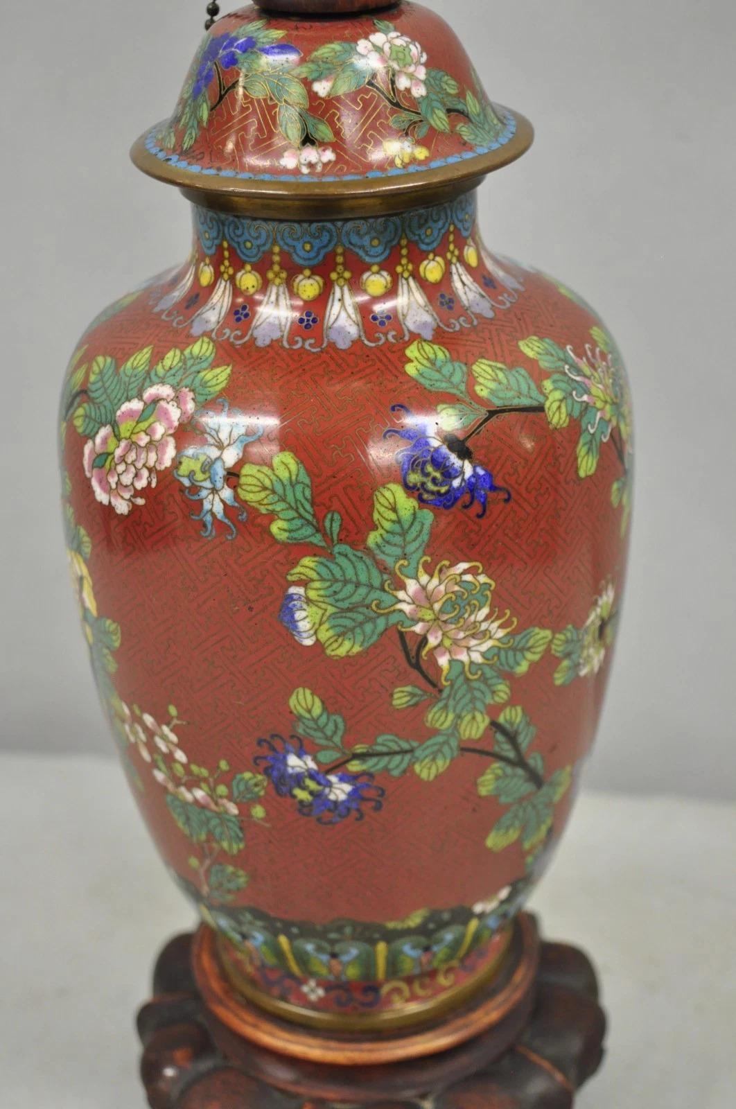 Vintage Chinese Porcelain Enamel Bronze Red Cloisonne Champleve Vase Table Lamp For Sale 1