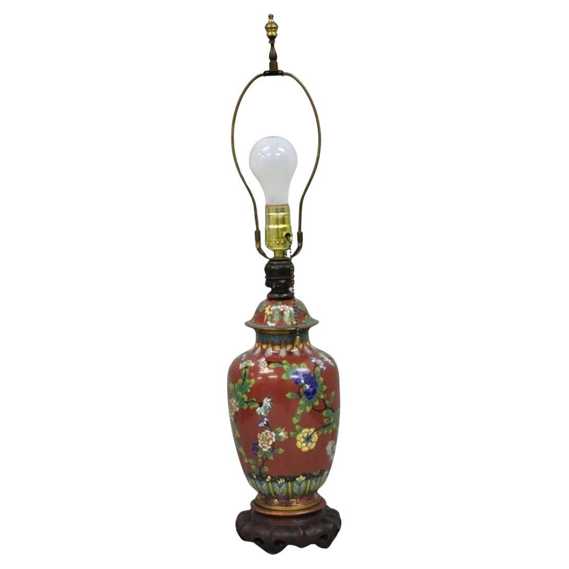 Vintage Chinese Porcelain Enamel Bronze Red Cloisonne Champleve Vase Table Lamp For Sale