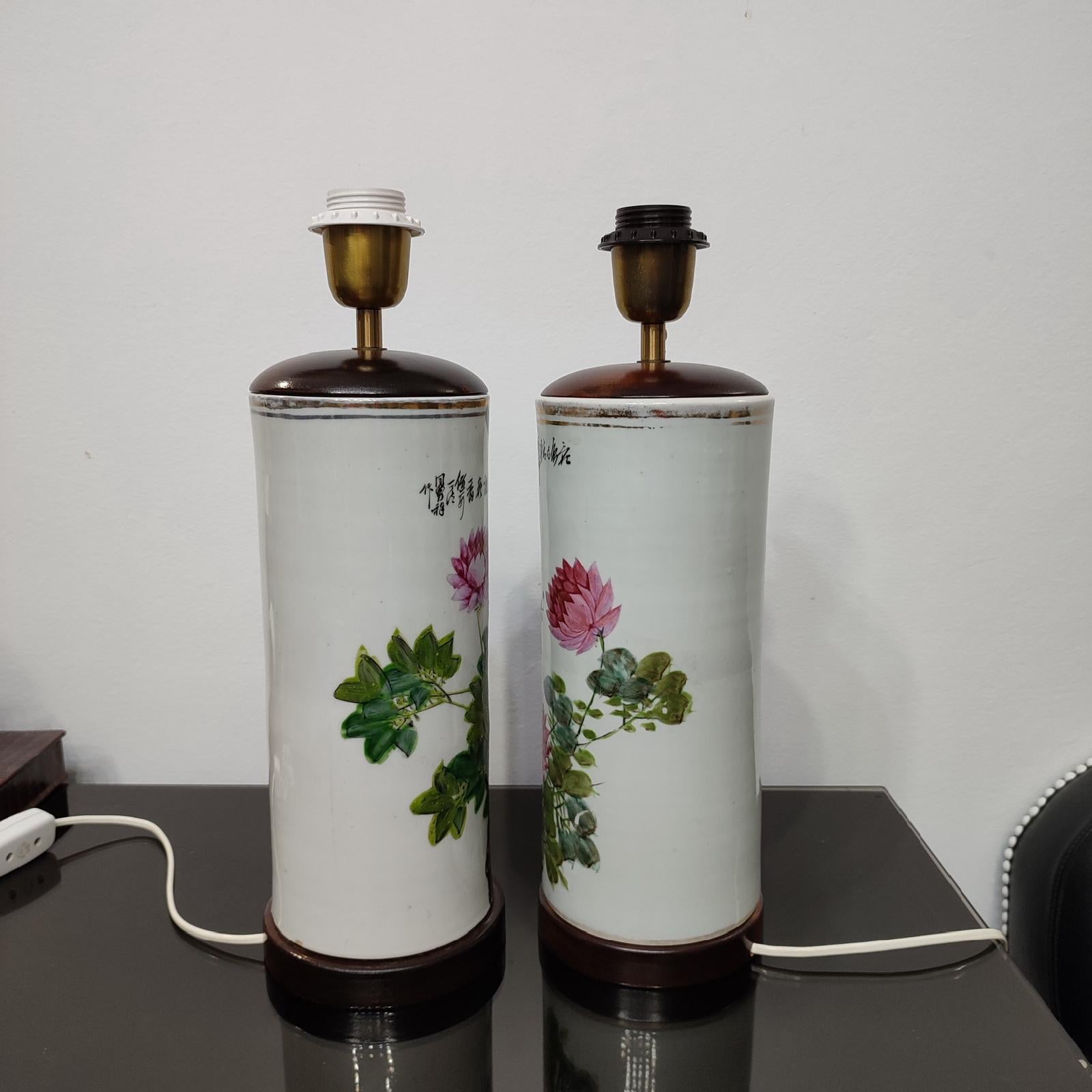 Vintage Chinese Porcelain Famille Rose Pair of Table Lamps With Bird and Flower 6