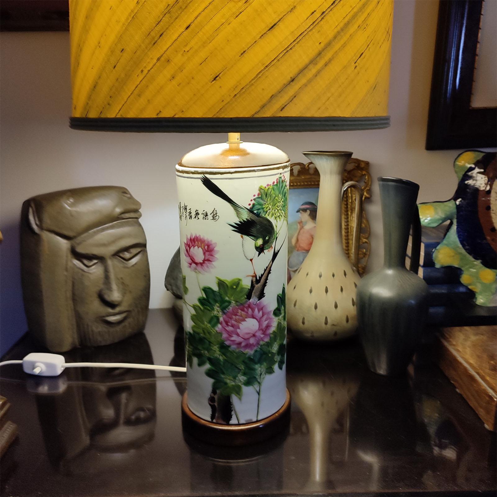 Hand-Painted Vintage Chinese Porcelain Famille Rose Pair of Table Lamps With Bird and Flower