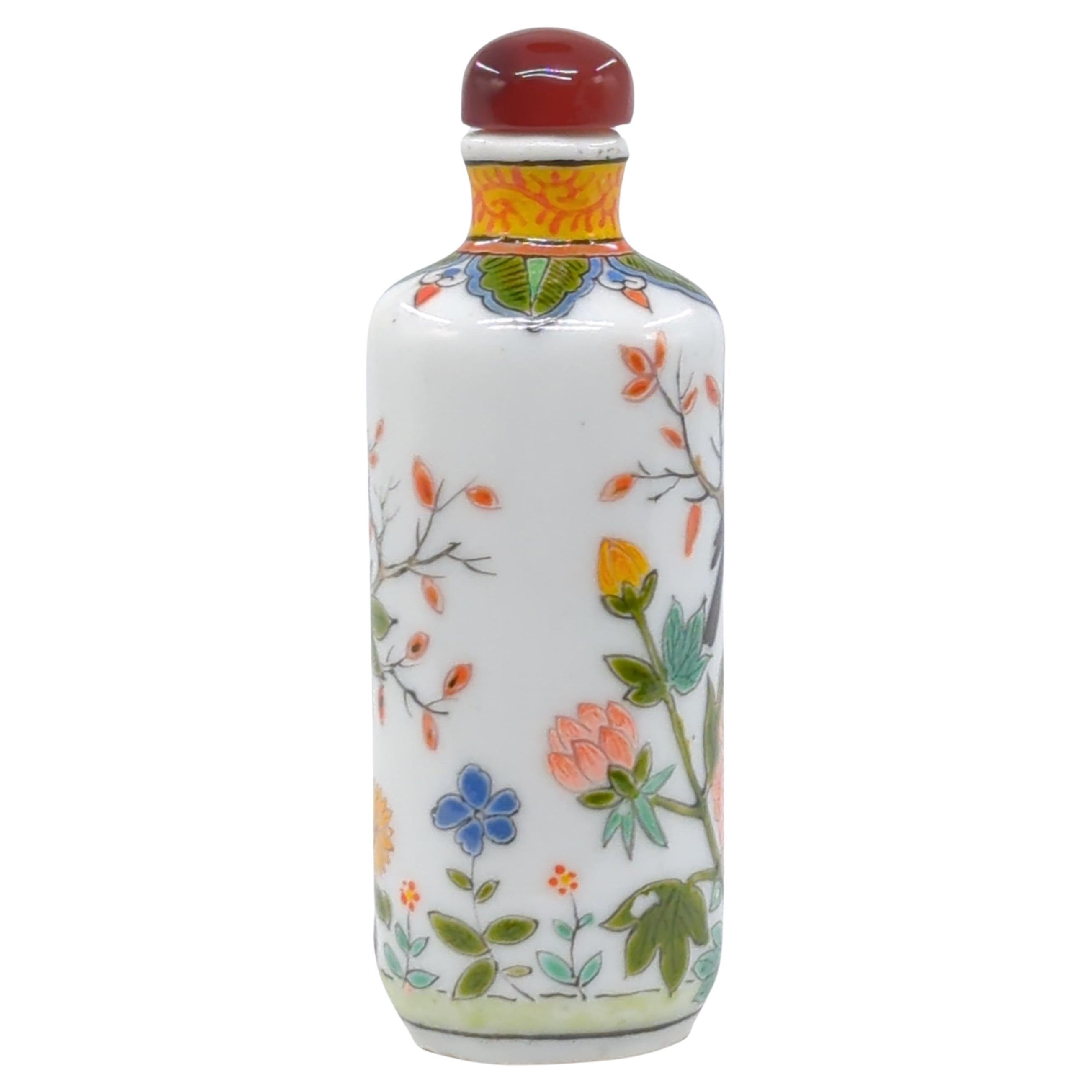 Hand-Painted Vintage Chinese Porcelain Famille Rose Snuff Bottle Birds Blossoms Late 20c For Sale