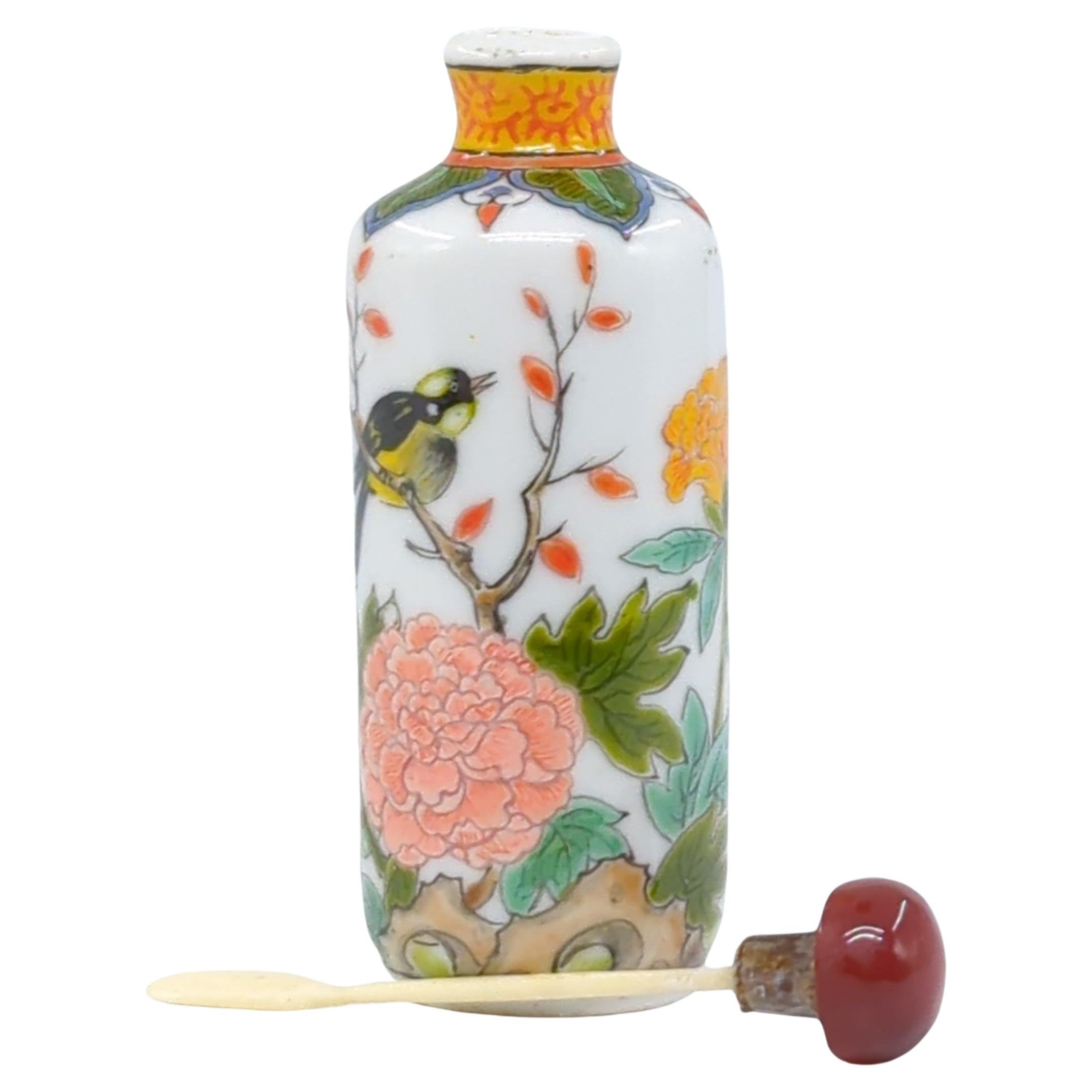 Late 20th Century Vintage Chinese Porcelain Famille Rose Snuff Bottle Birds Blossoms Late 20c For Sale