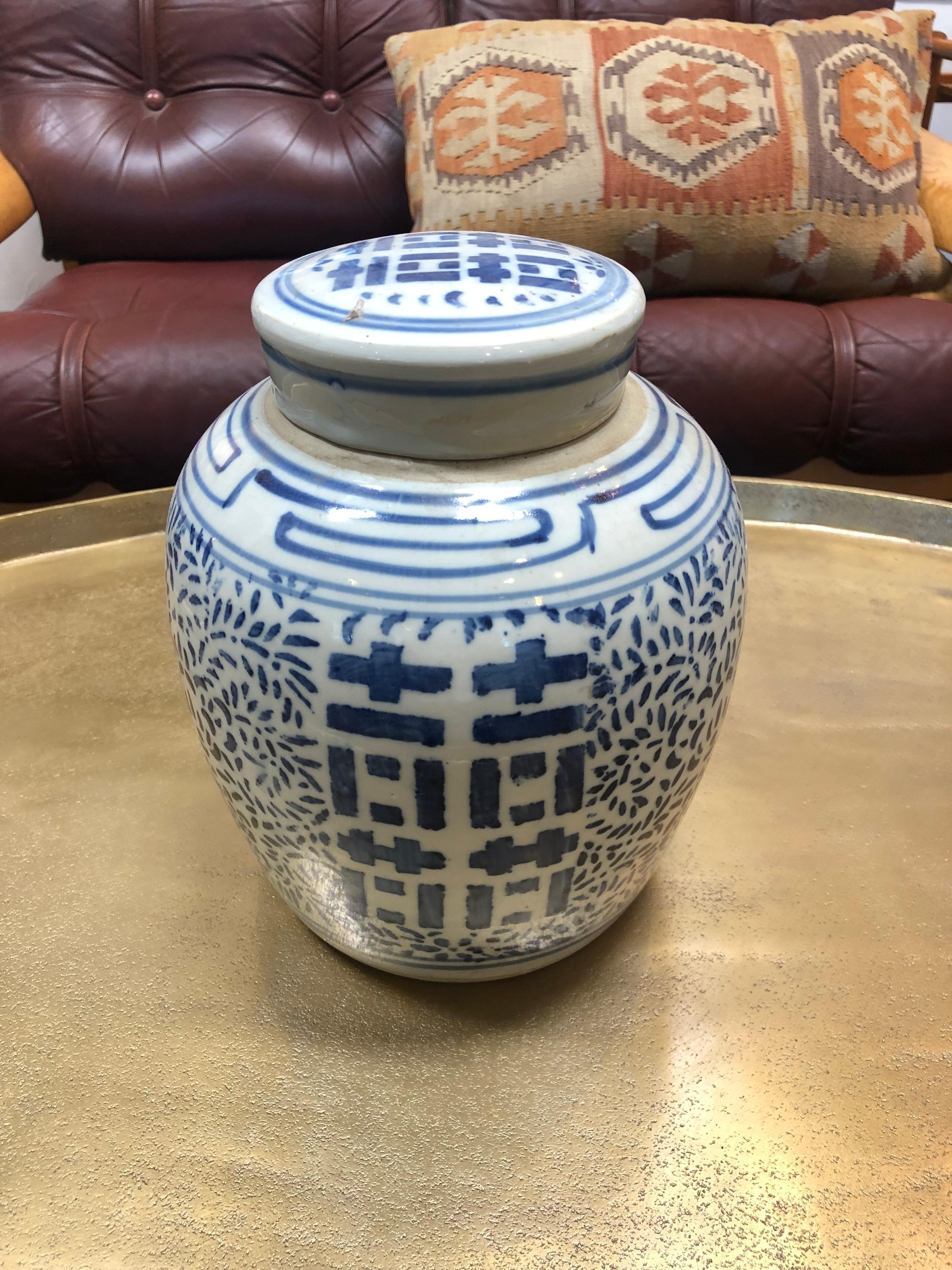 This delicate Chinese ceramic style first developed during the Tang Dynasty. The color is a traditional cobalt blue on white. The Chinese character seen on the jar symbolizes 