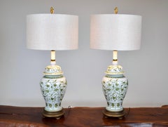 Vintage Chinese Porcelain Hand Painted Artichoke Table Lamps Ginger Jars, Pair
