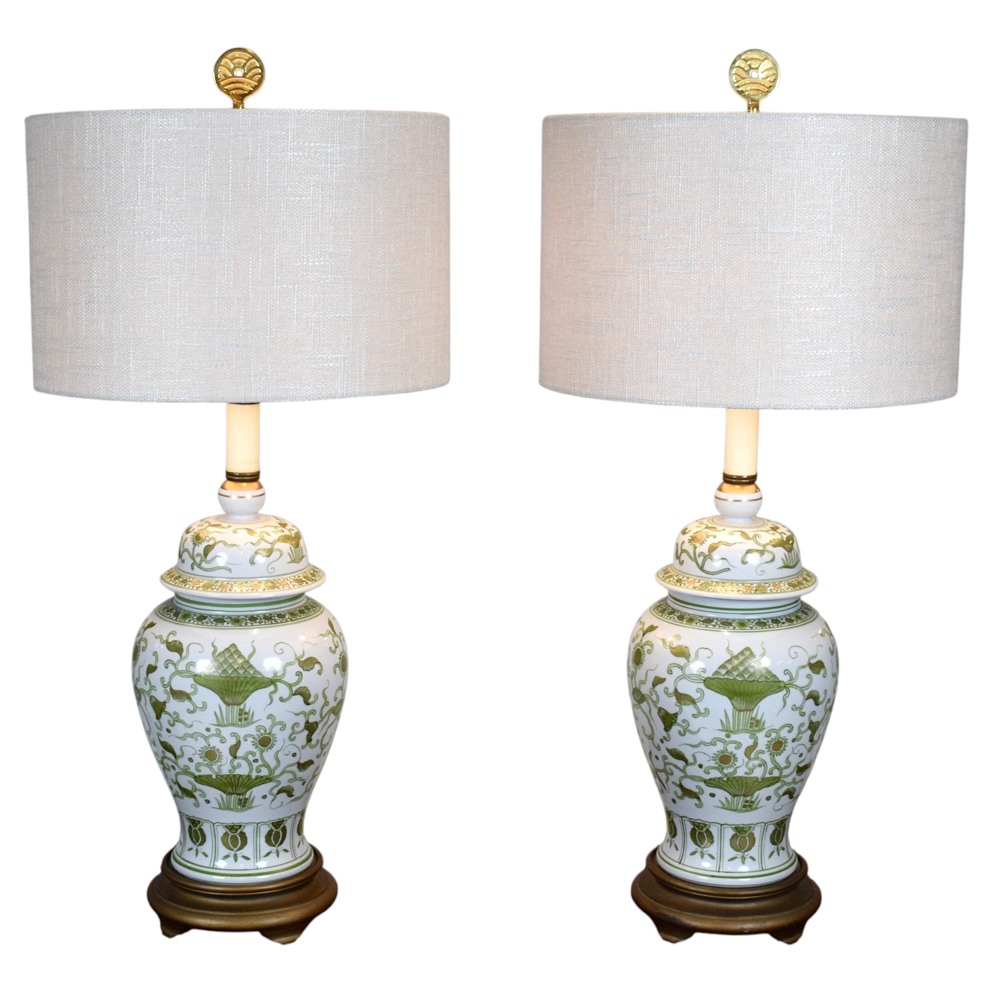Vintage Chinese Porcelain Hand Painted Artichoke Table Lamps Ginger Jars, Pair For Sale