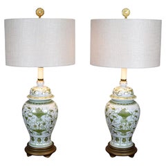 Vintage Chinese Porcelain Hand Painted Artichoke Table Lamps Ginger Jars, Pair