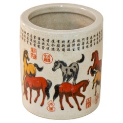 Vintage Chinese Porcelain Horses Pattern Brush Pot
